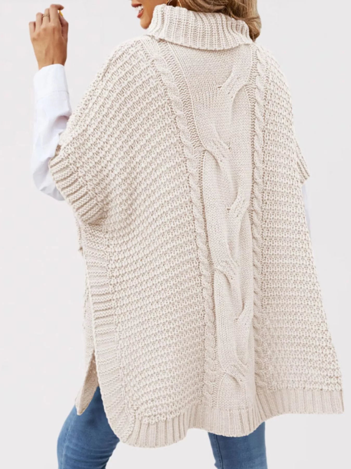 Trendsi Turtleneck Cable-Knit Short Sleeve Oversized Sweater -