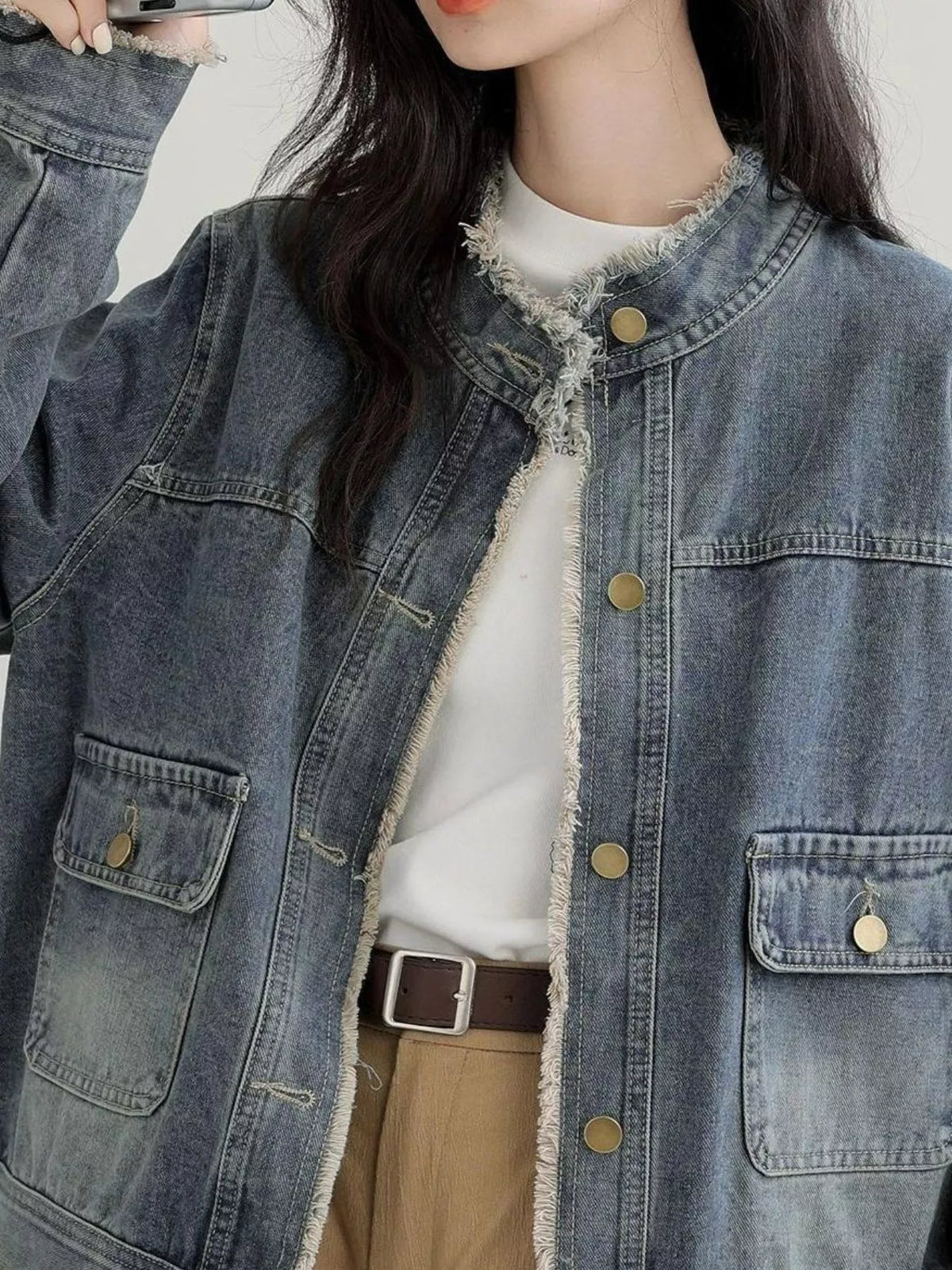 Distressed Frayed-Edge Denim Jacket with Utility Pockets — construction details