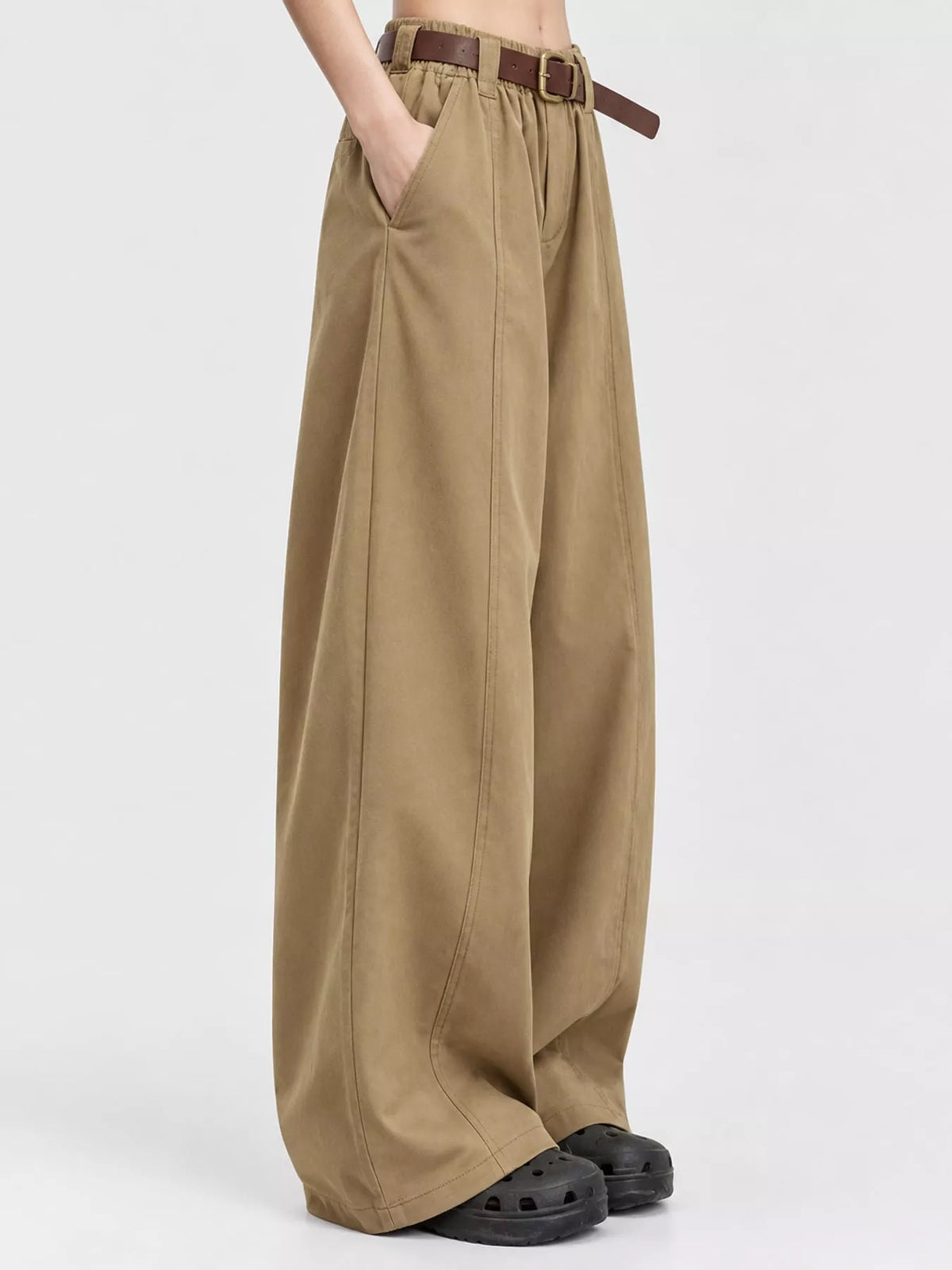 Khaki wide-leg pants, side view