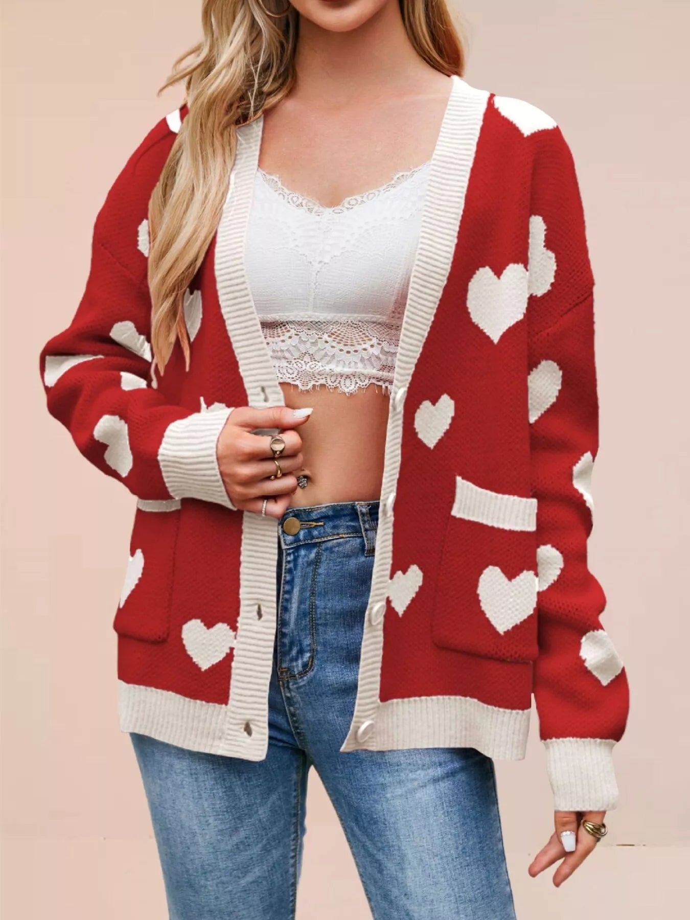 Trendsi Heart Pattern V-Neck Button-Down Knit Cardigan -