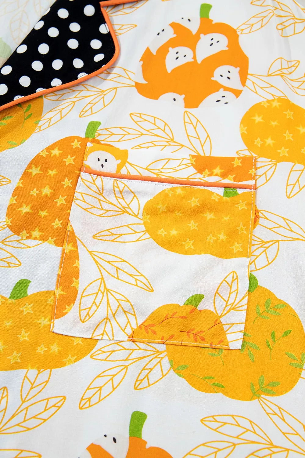 Trendsi Short Sleeve Pumpkin Print Polka Dot Trim Pocket Placket Lounge Set -