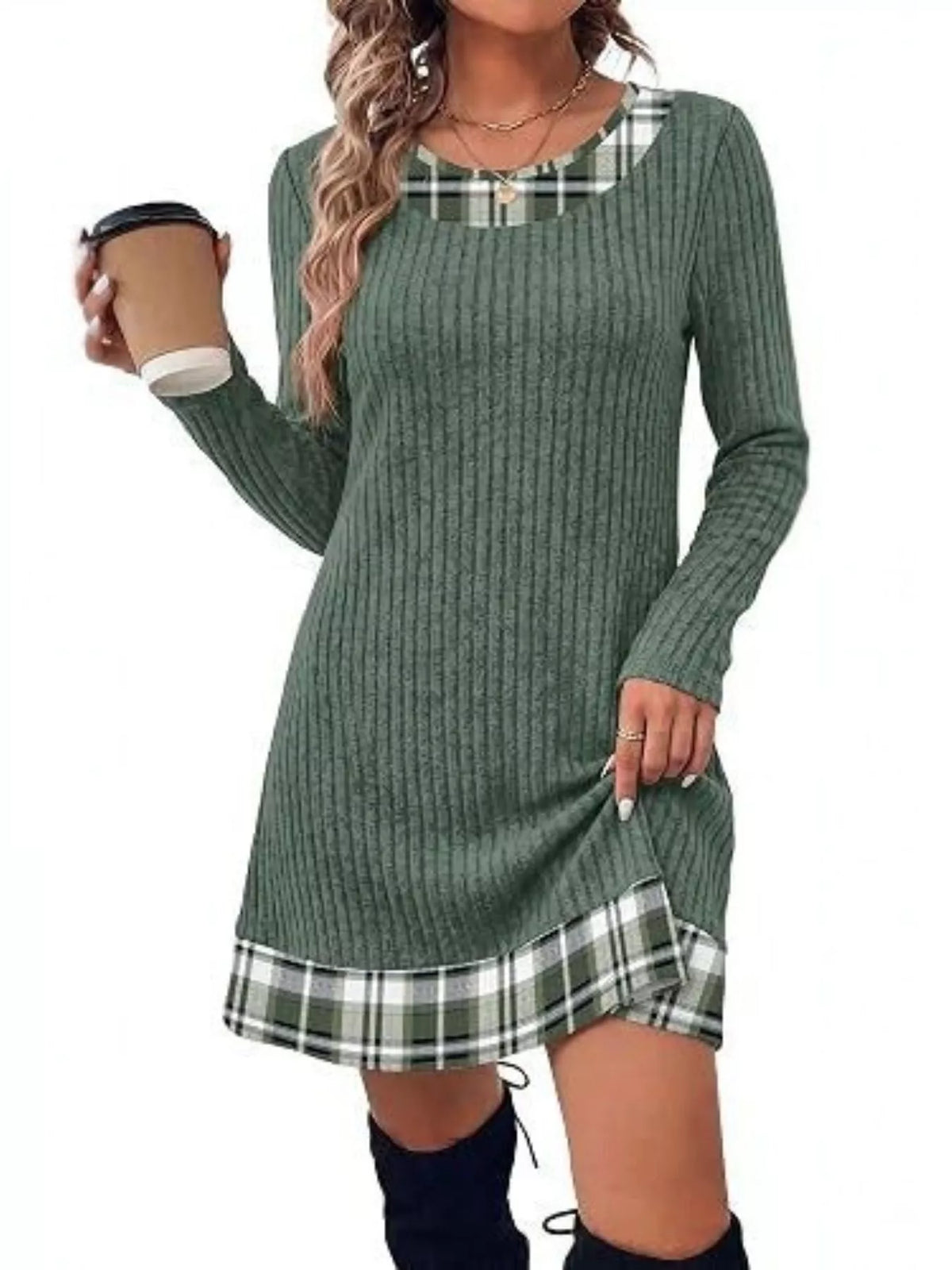 Round neck long sleeve mini dress, front view on model
