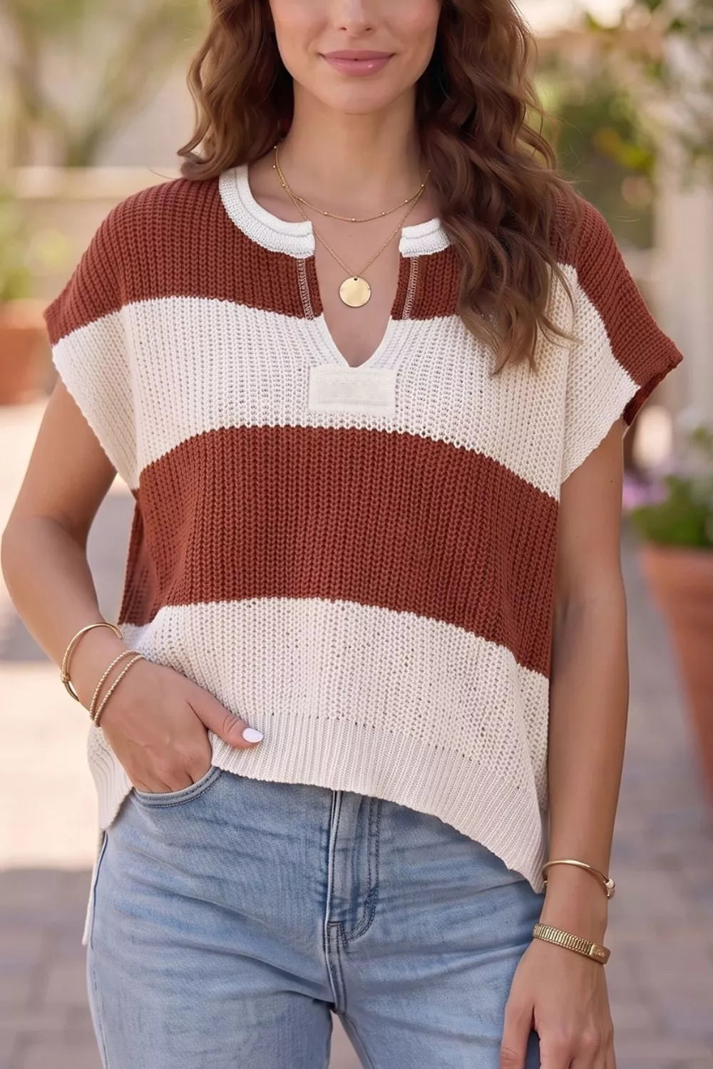 Trendsi Striped Colorblock Knit Short Sleeve Loose Sweater -