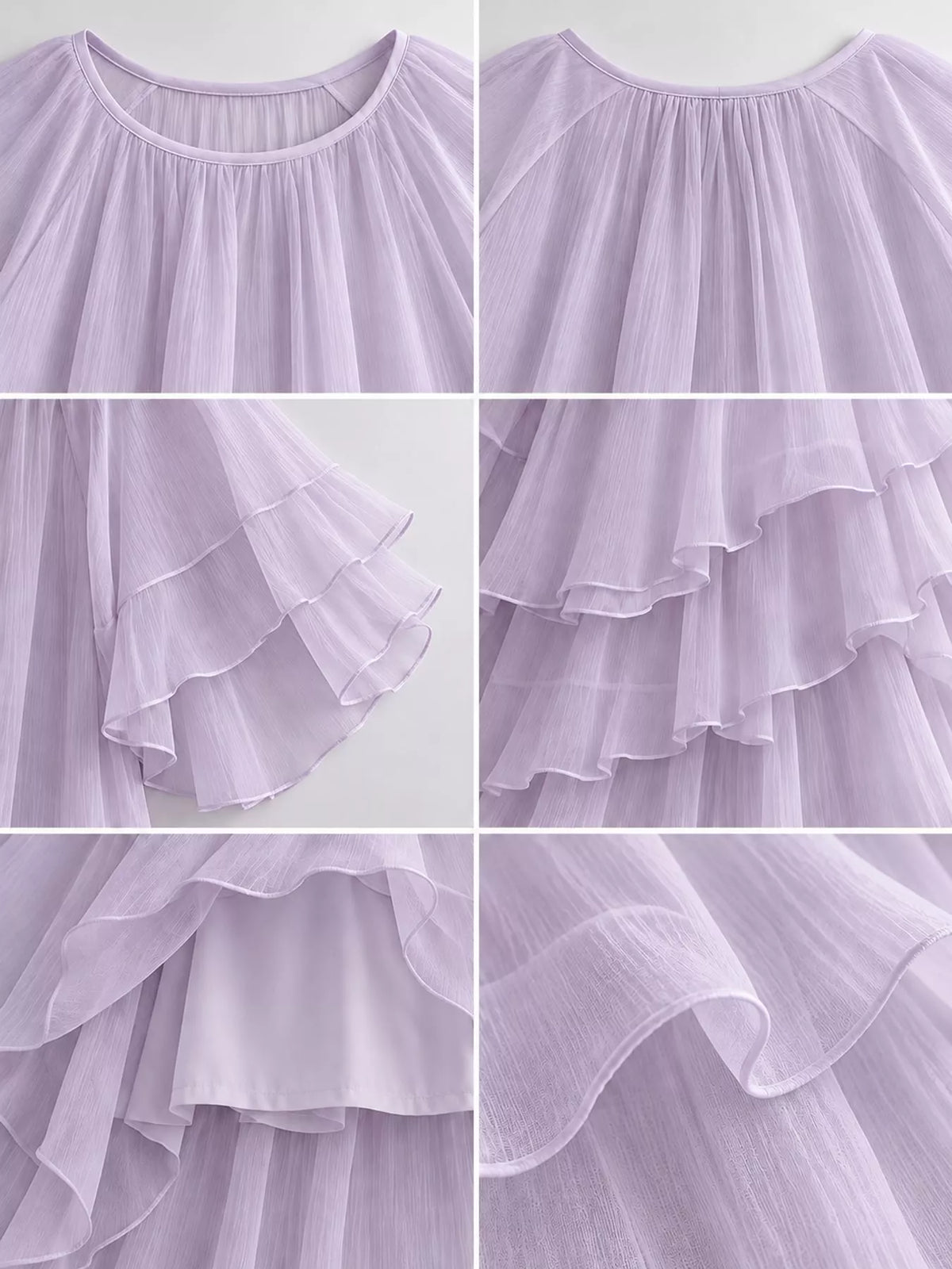 Purple ruffled layered bohemian maxi dress, detail view