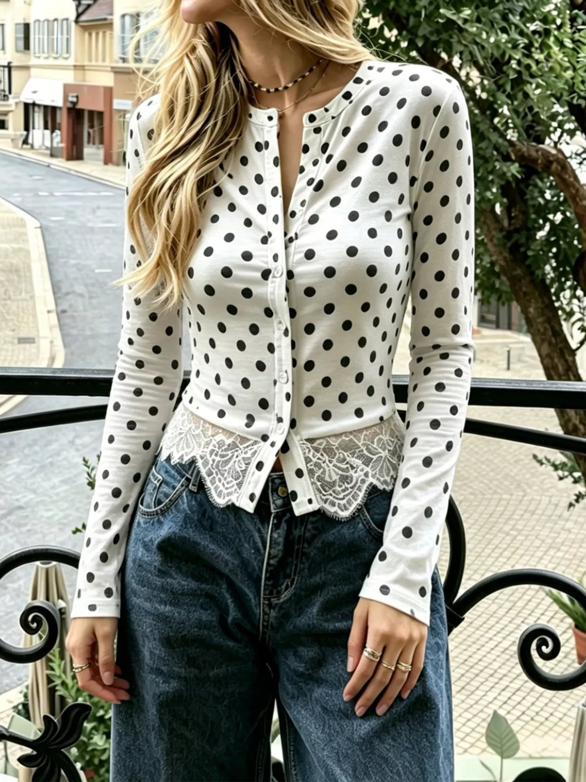 Polka dot long sleeve top with lace trim