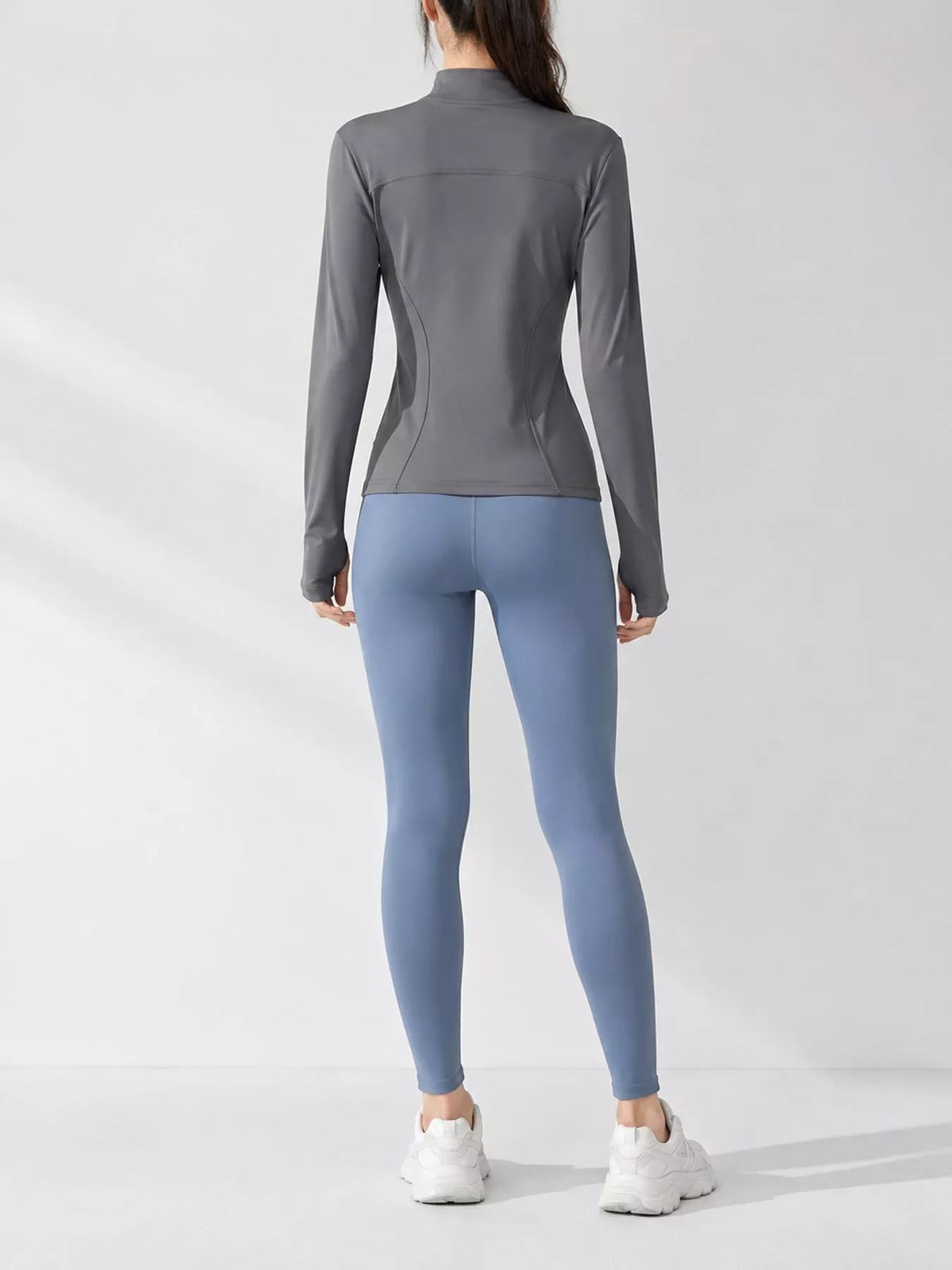 Gray quick-dry zip-up jacket, back view