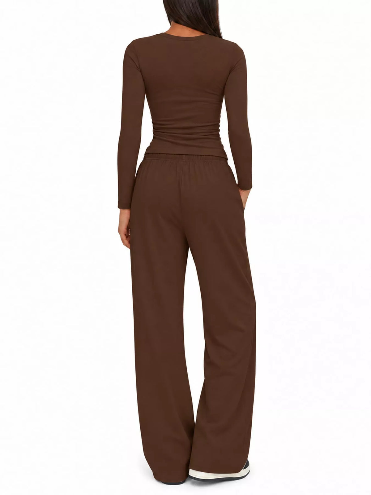 Long Sleeve Ruched Top and Wide-Leg Drawstring Pants Set — back view