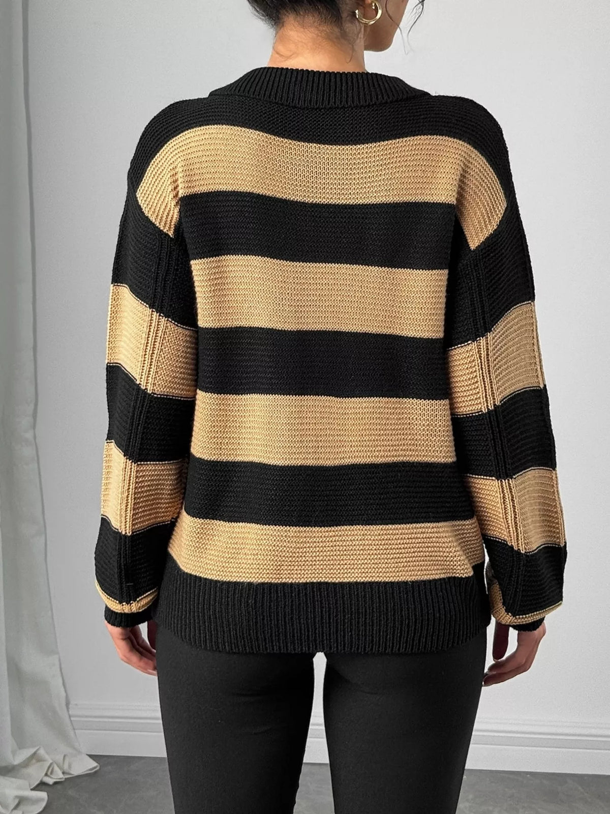 Khaki striped polo collar sweater with floral pocket detail, back view