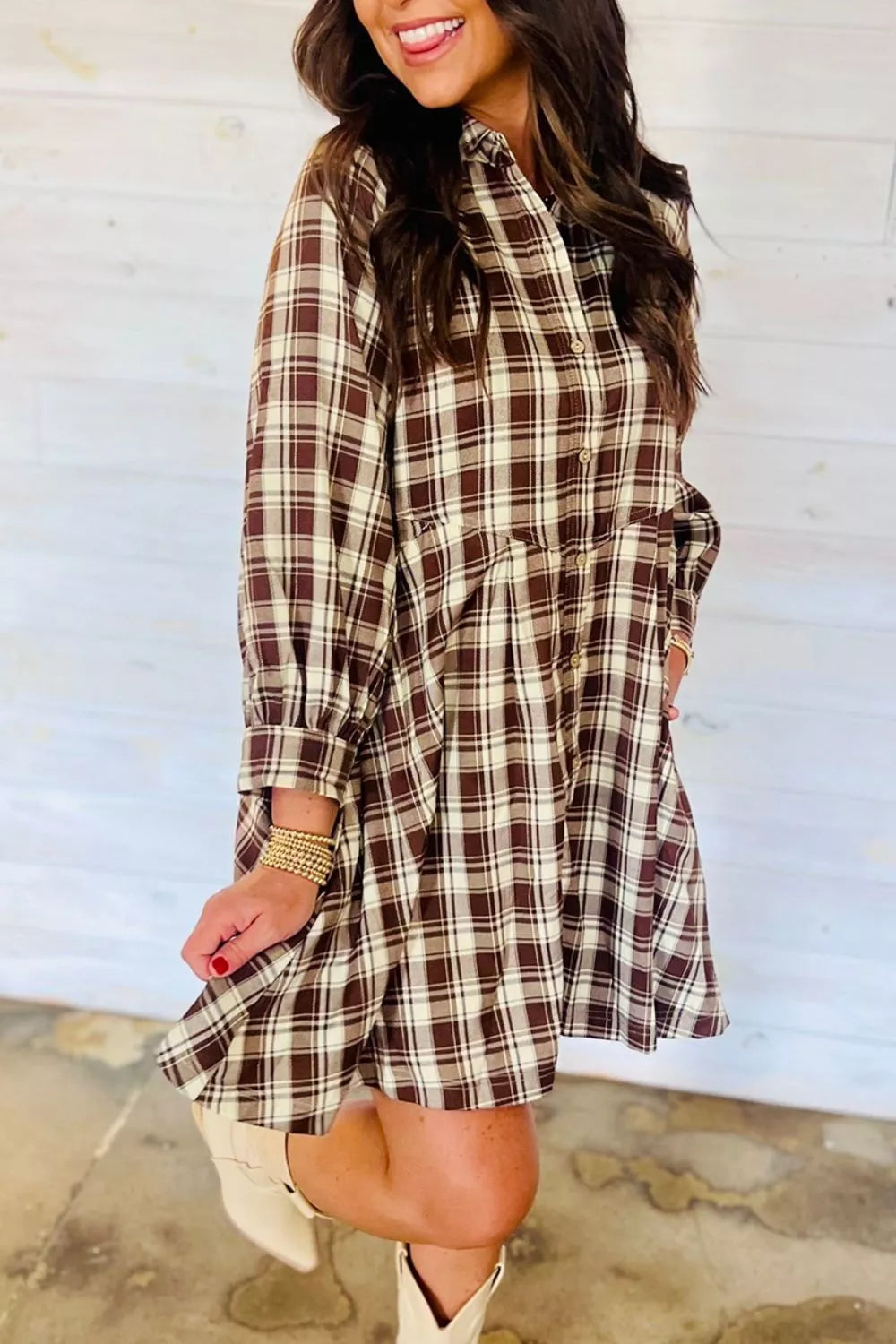 Trendsi Plaid Long Sleeve Short Shift Mini Dress -