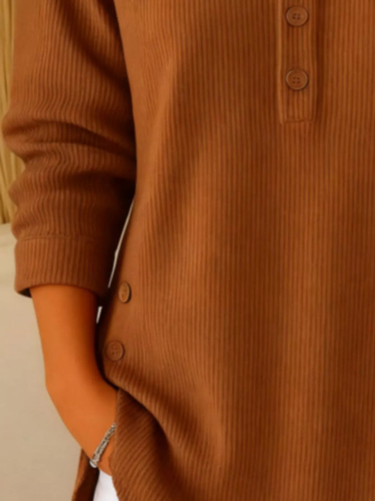 Women's Button Detail Corduroy Top in Light Brown, back view
