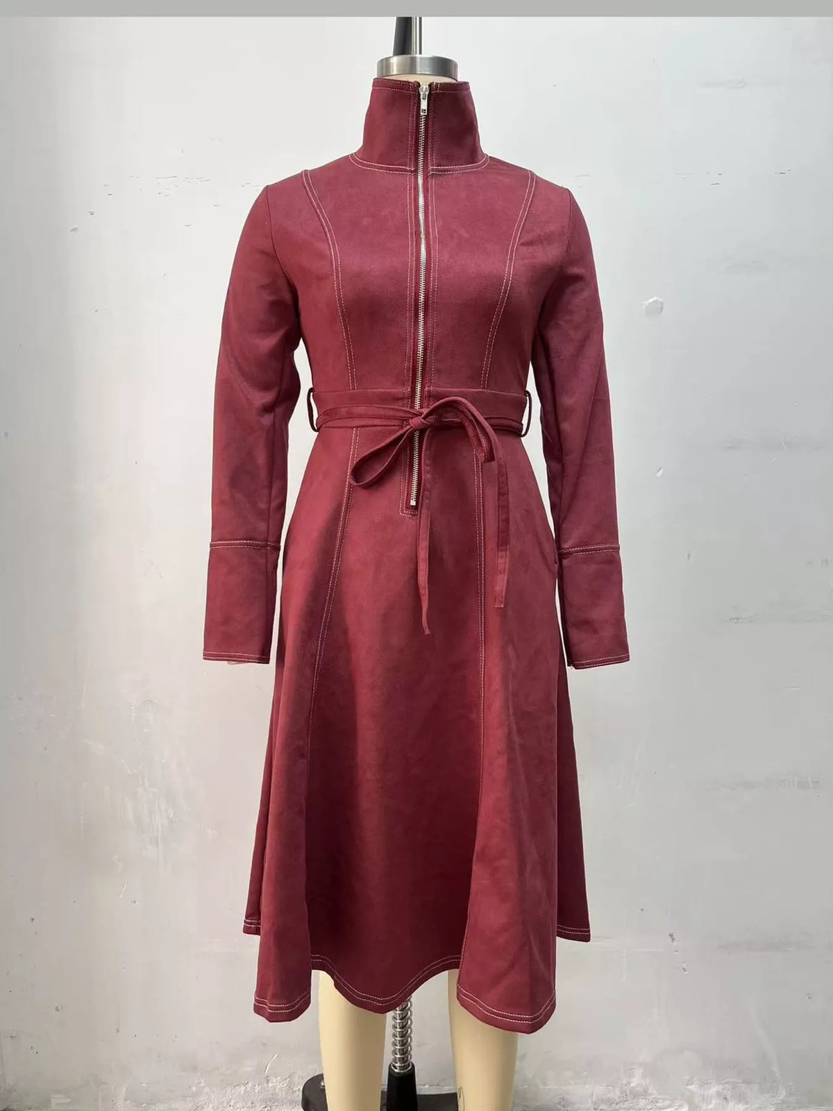 Burgundy zipper front midi dress, front view