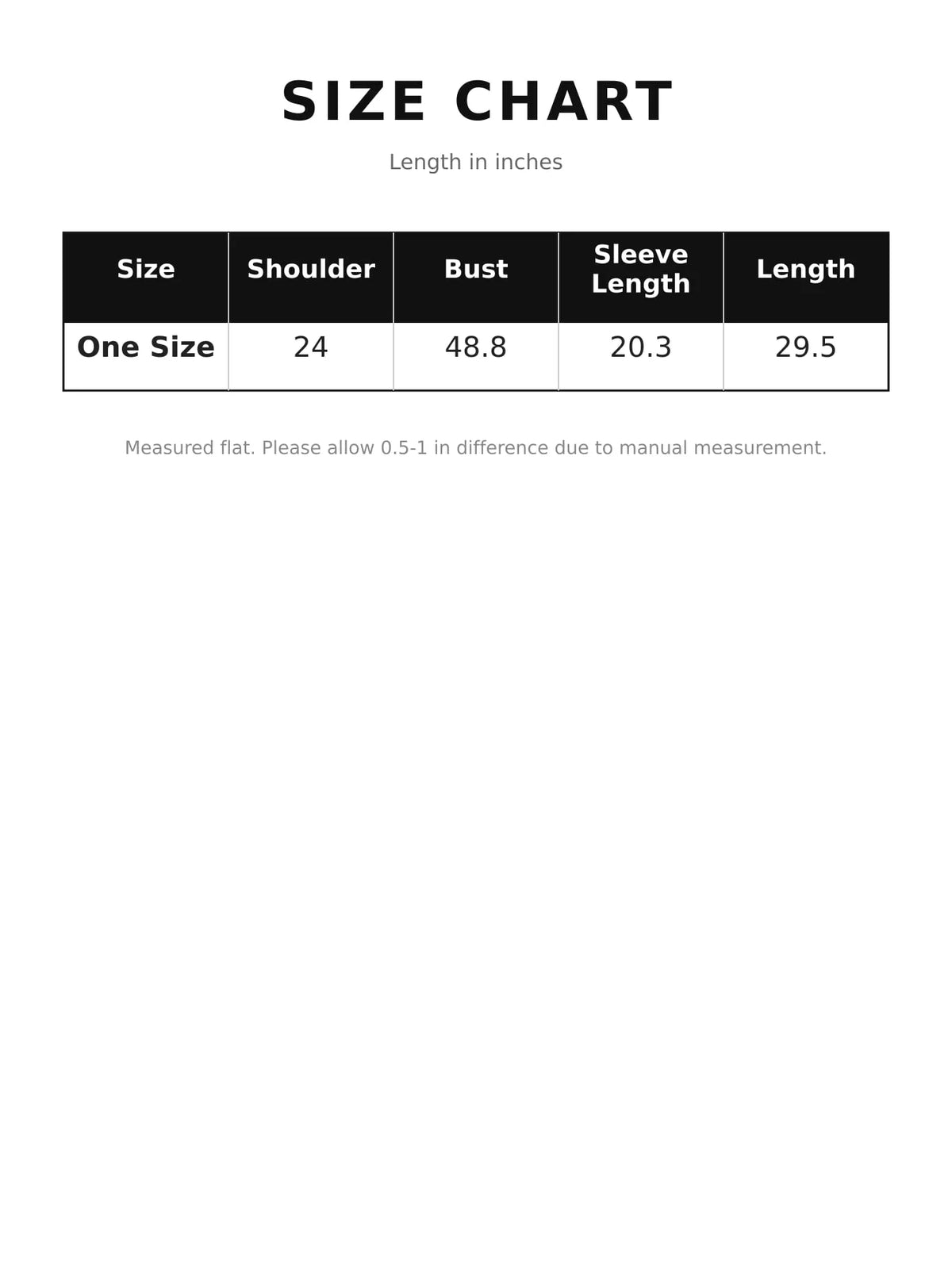 Size chart for button-down front denim shacket