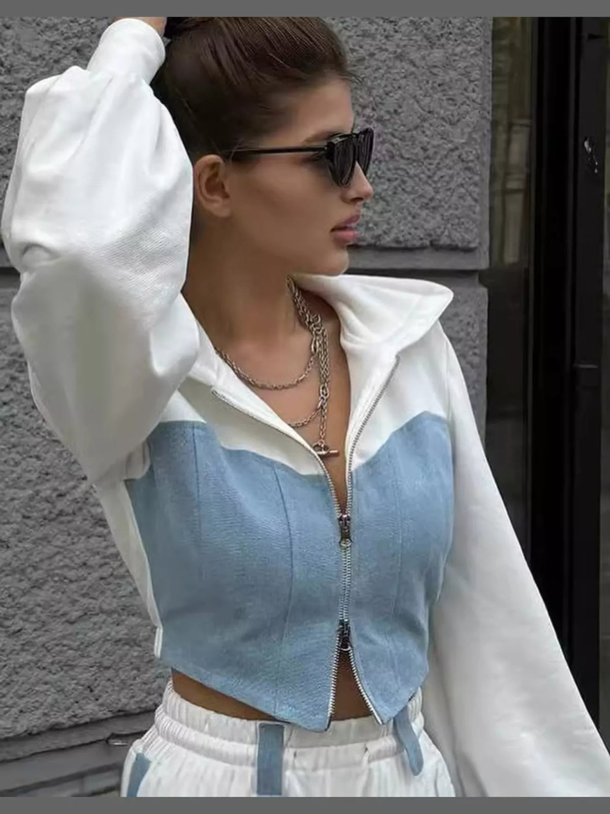 White and light blue color-block zip-up hoodie and wide-leg pants set — design and construction details