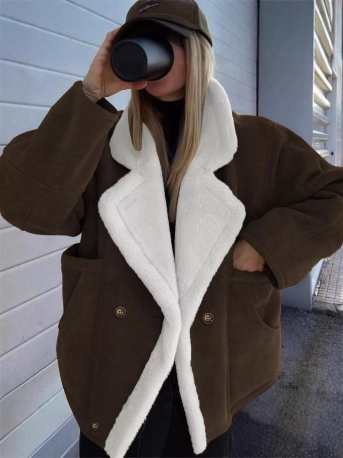 Plush-Lined Double-Breasted Jacket in brown, front view