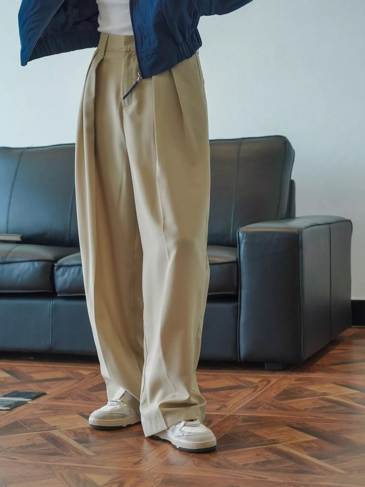 Women's High-Waisted Pleated Wide-Leg Pants in beige — front view