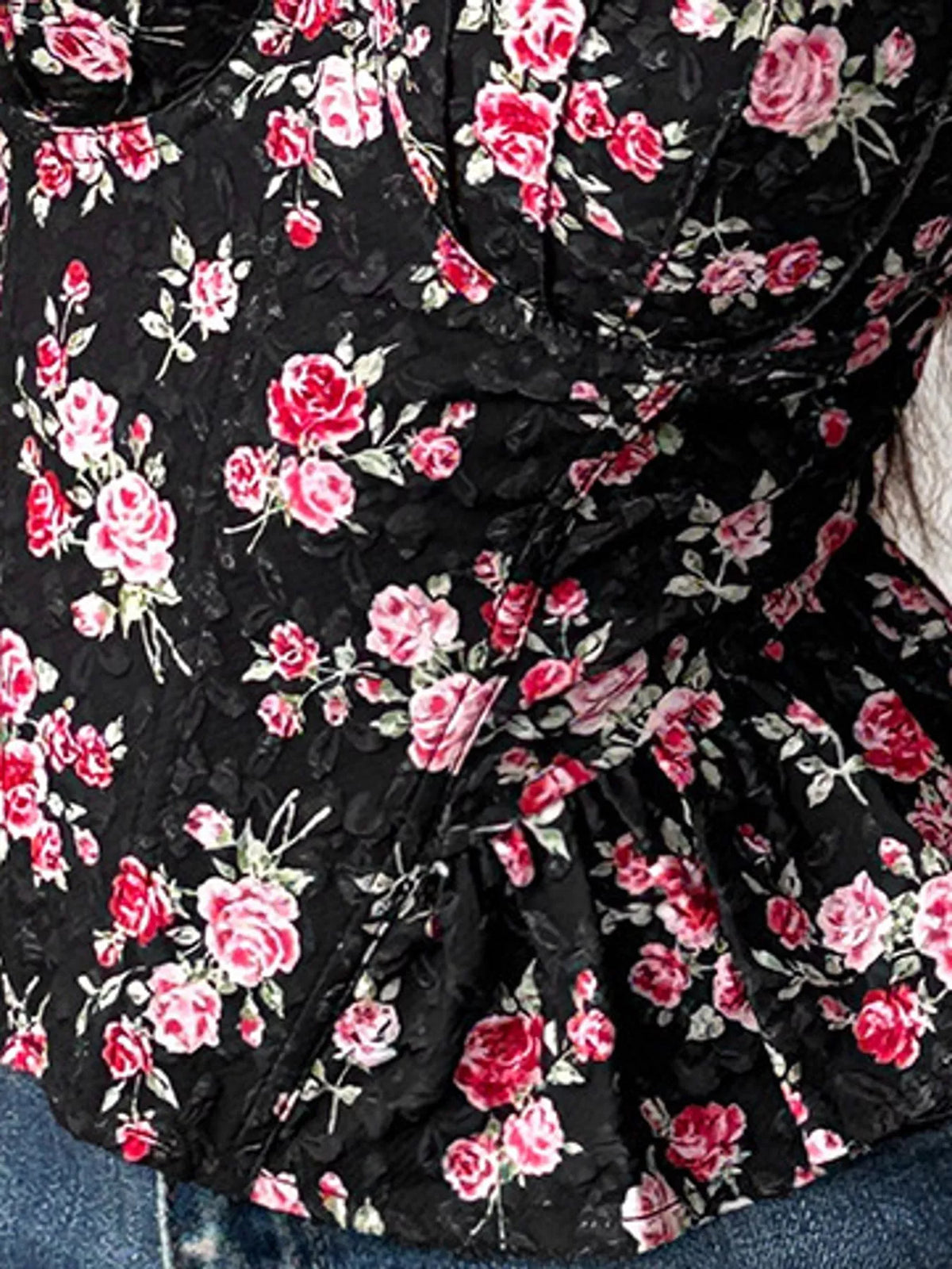 Black lace up back floral print cami, detail view