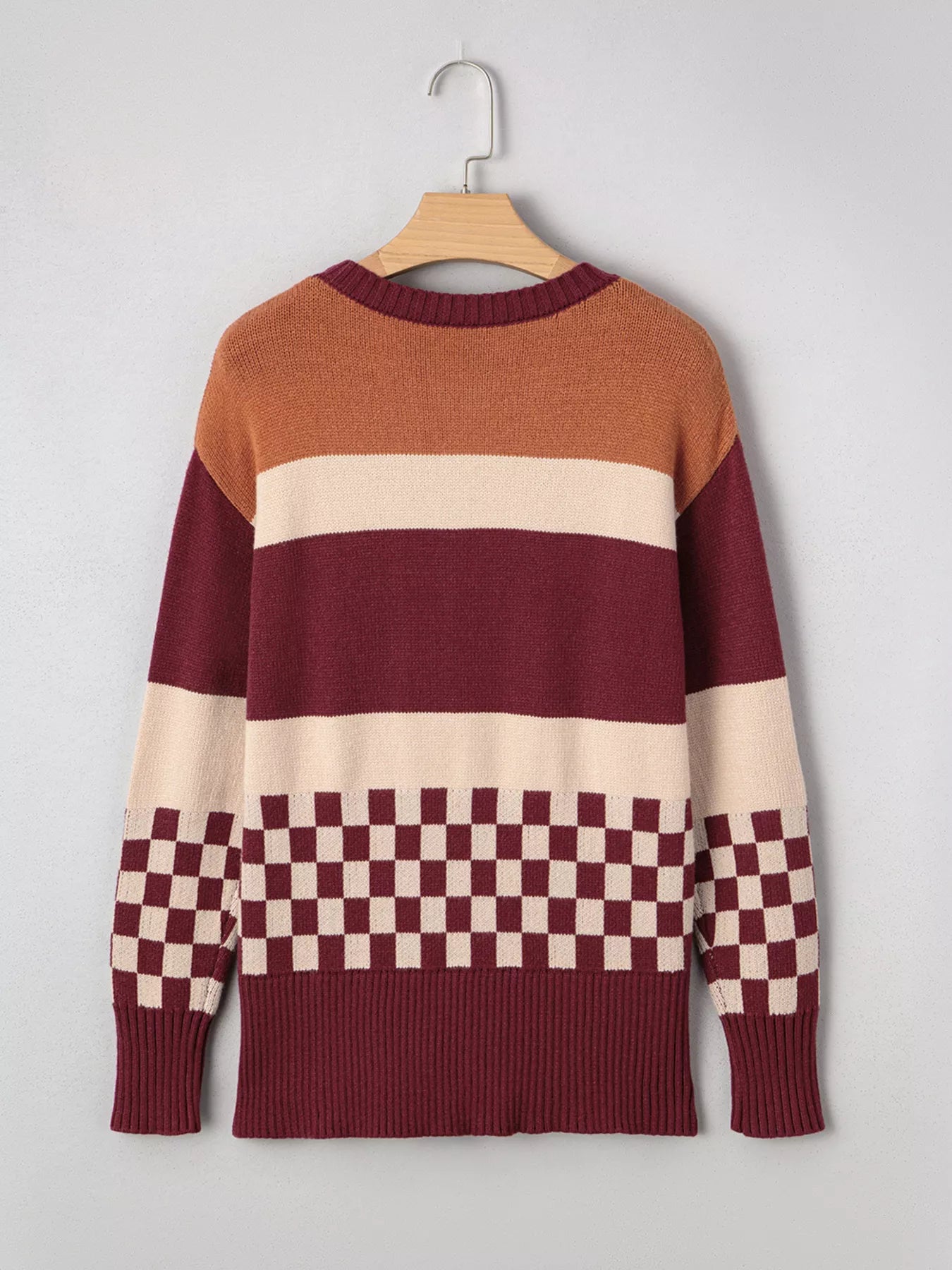 Trendsi Checkered Color Block Knitted Drop Shoulder Sweater -