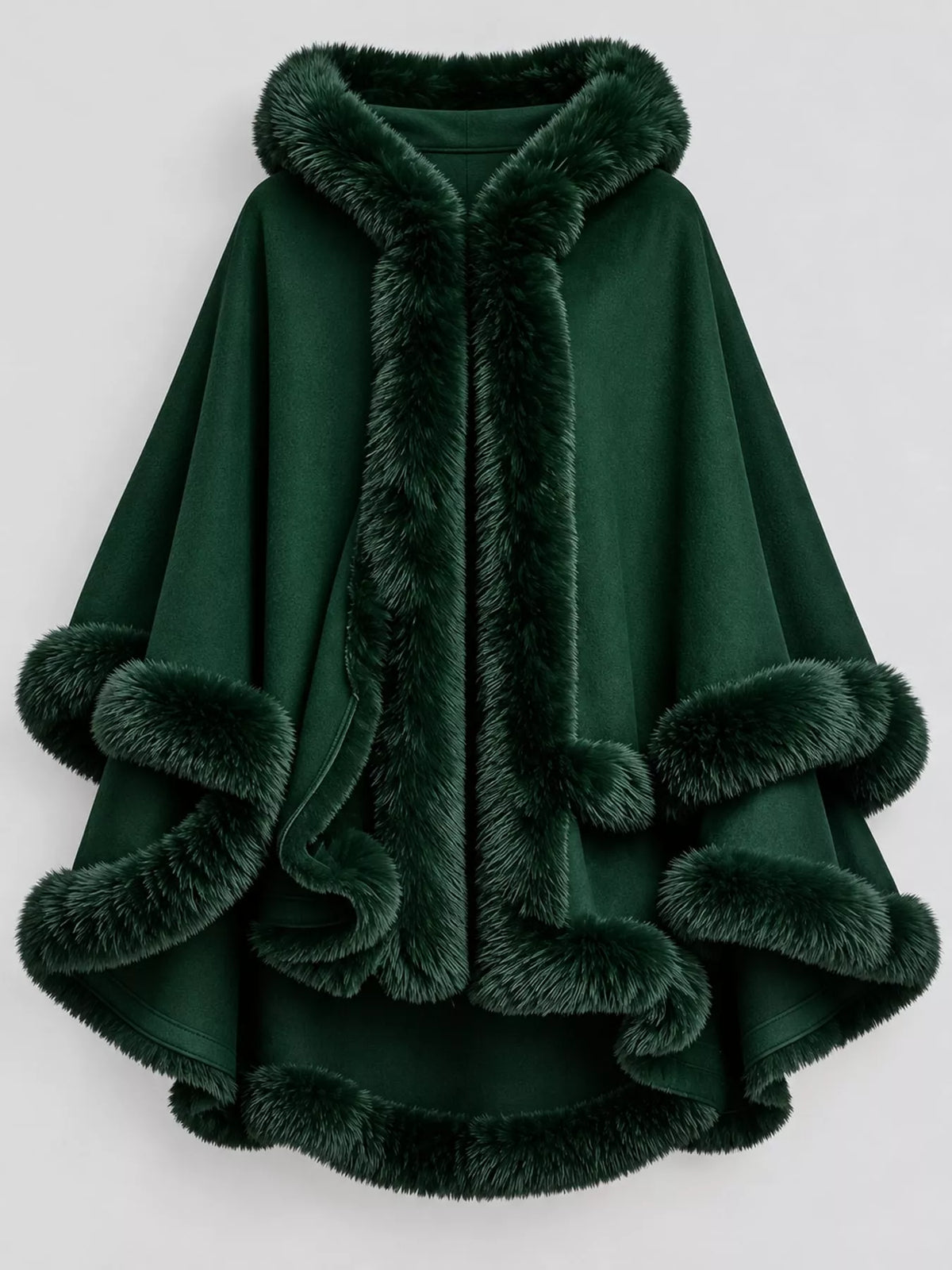 Faux-fur-trim cape, green flat lay