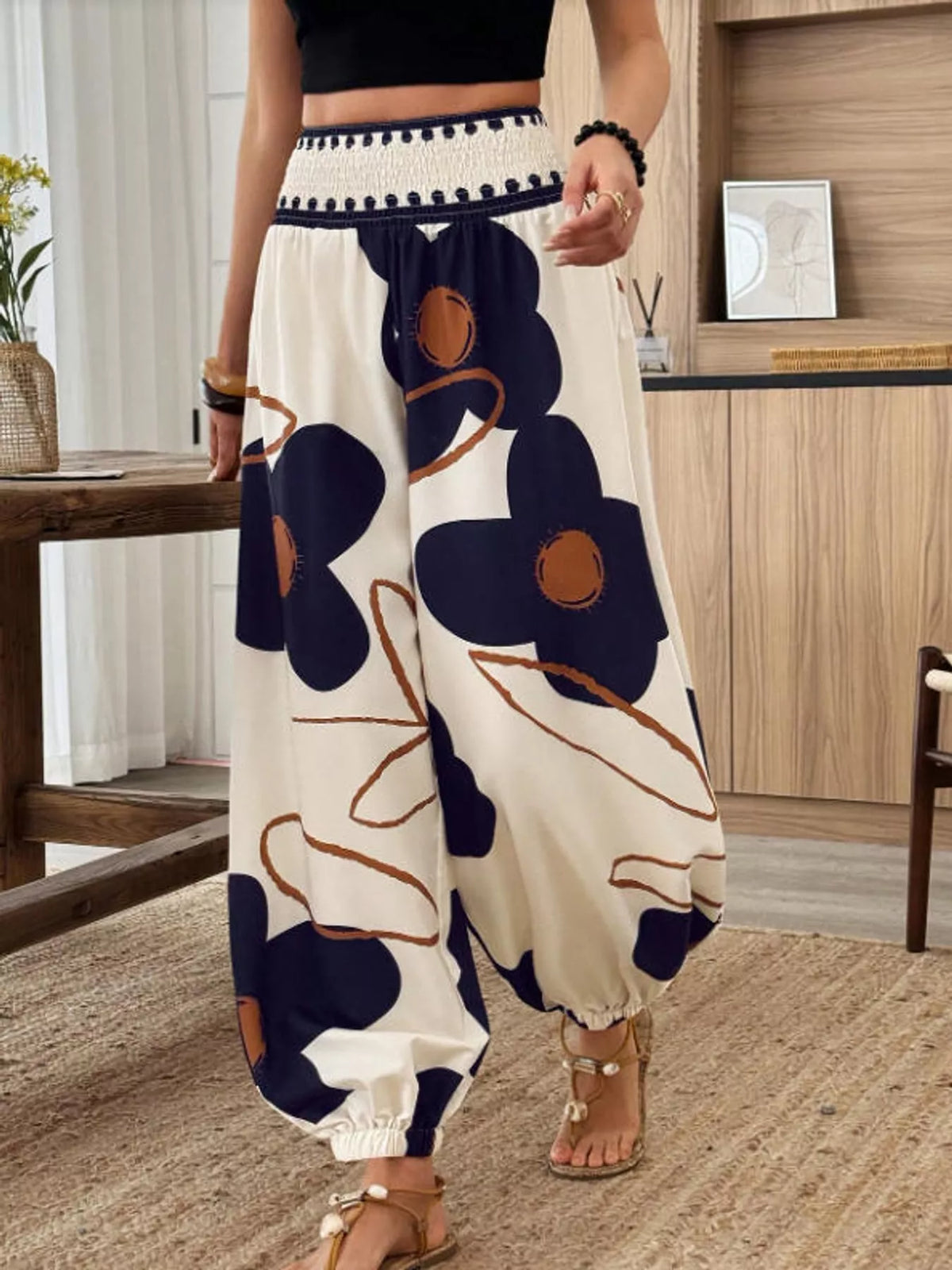 Dark Blue floral print wide-leg pants