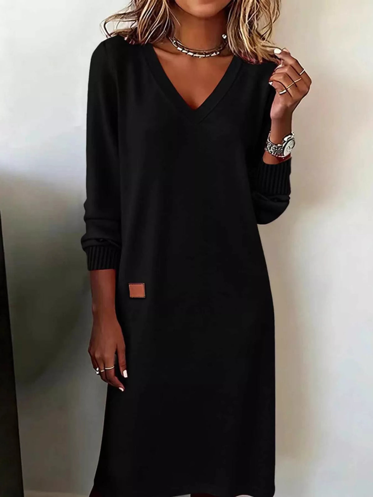 Women's V-Neck Long Sleeve Midi Dress in black — front view