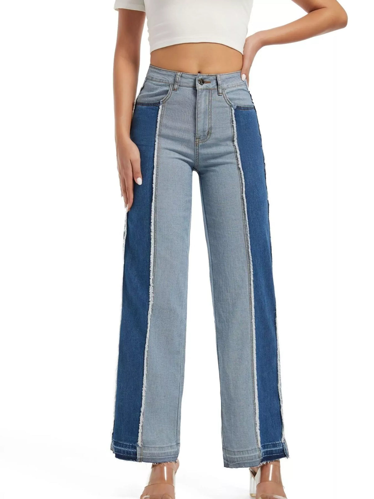 High-Waisted Two Tone Jeans in blue, front view
