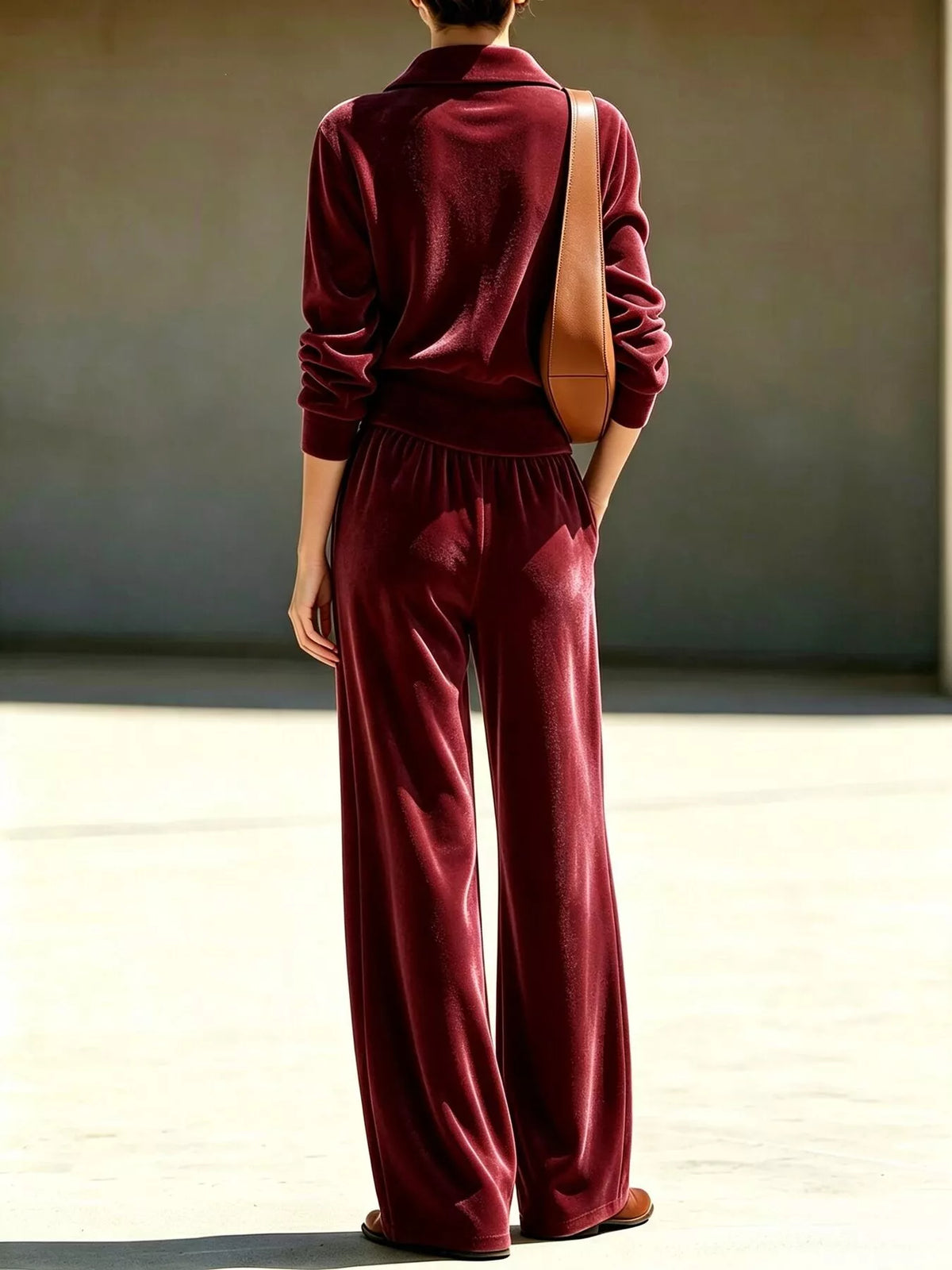 Women's Half Zip Sweatshirt and Wide-Leg Pants Set in burgundy — back view