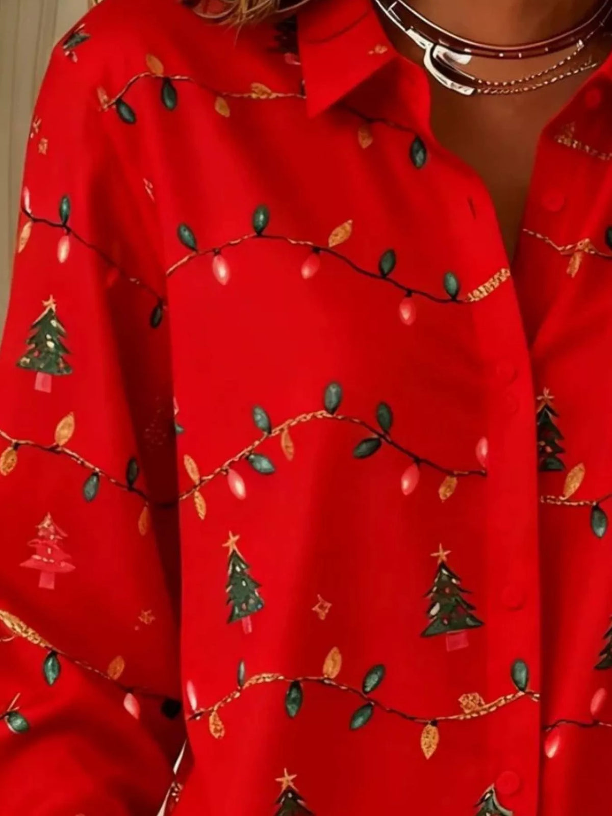 Red christmas tree button-down shirt, Christmas tree and light-string print detail.