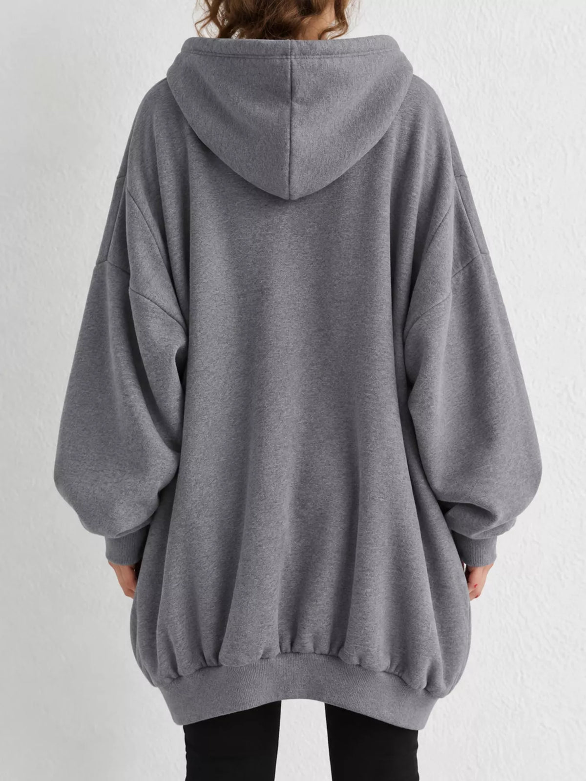 Gray drawstring zip-up oversized hoodie, back view