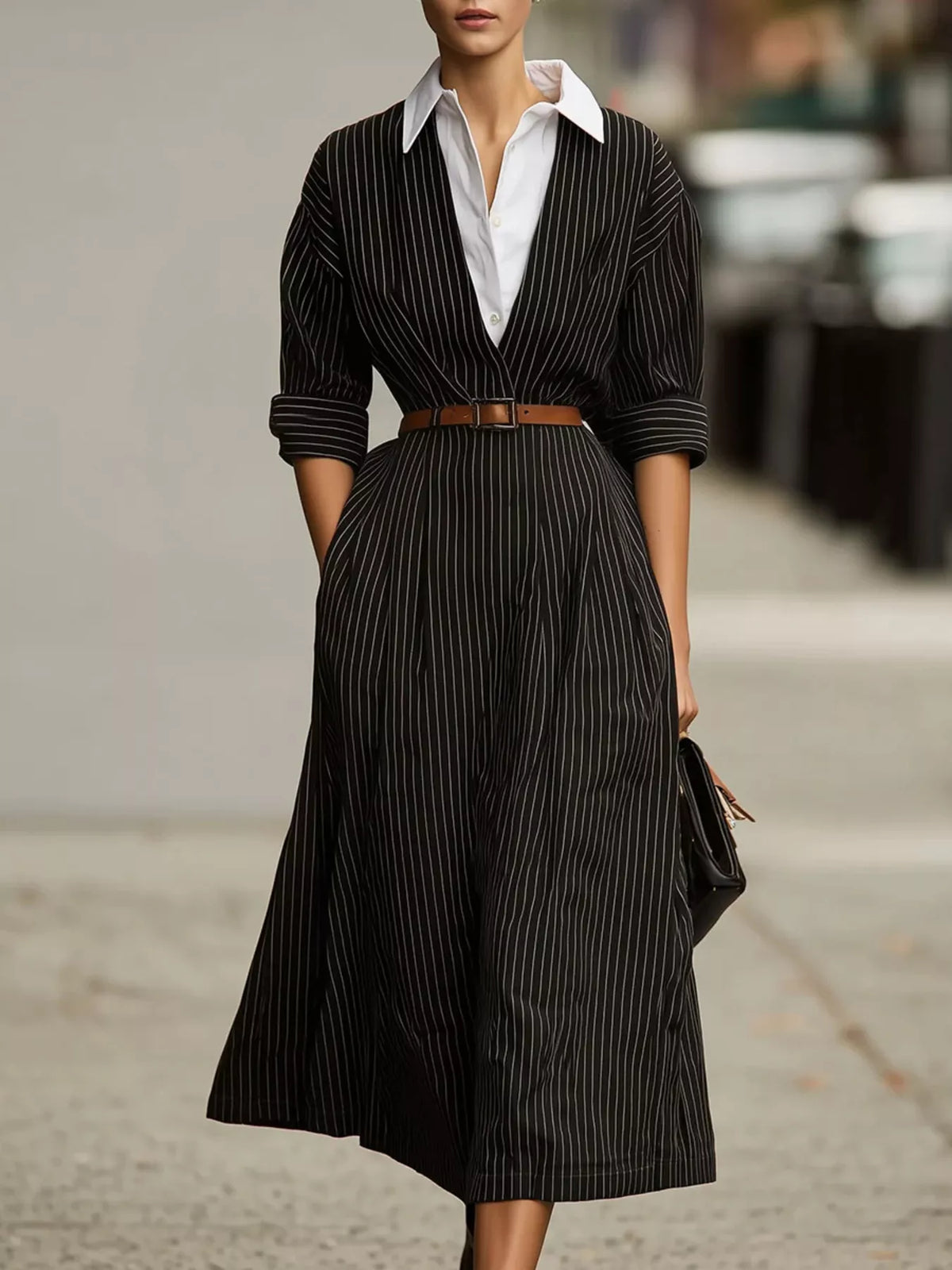Black Striped Collared Button-Front Midi Dress front view