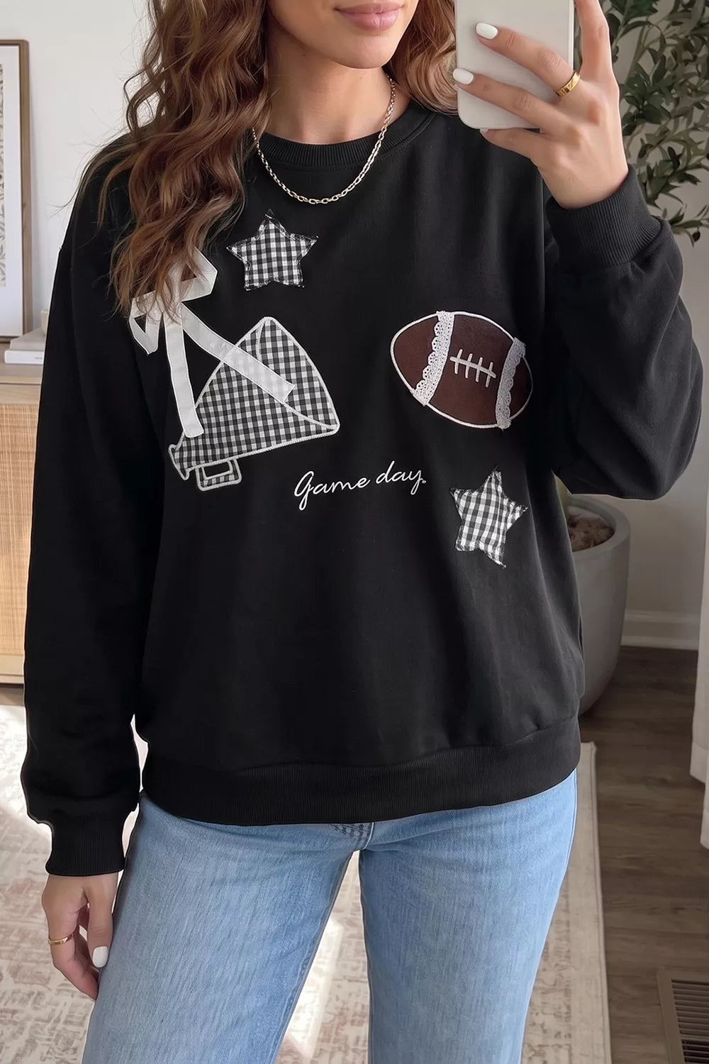 Trendsi Gingham Patch Embroidered Rugby Game Day Stars Sweatshirt -