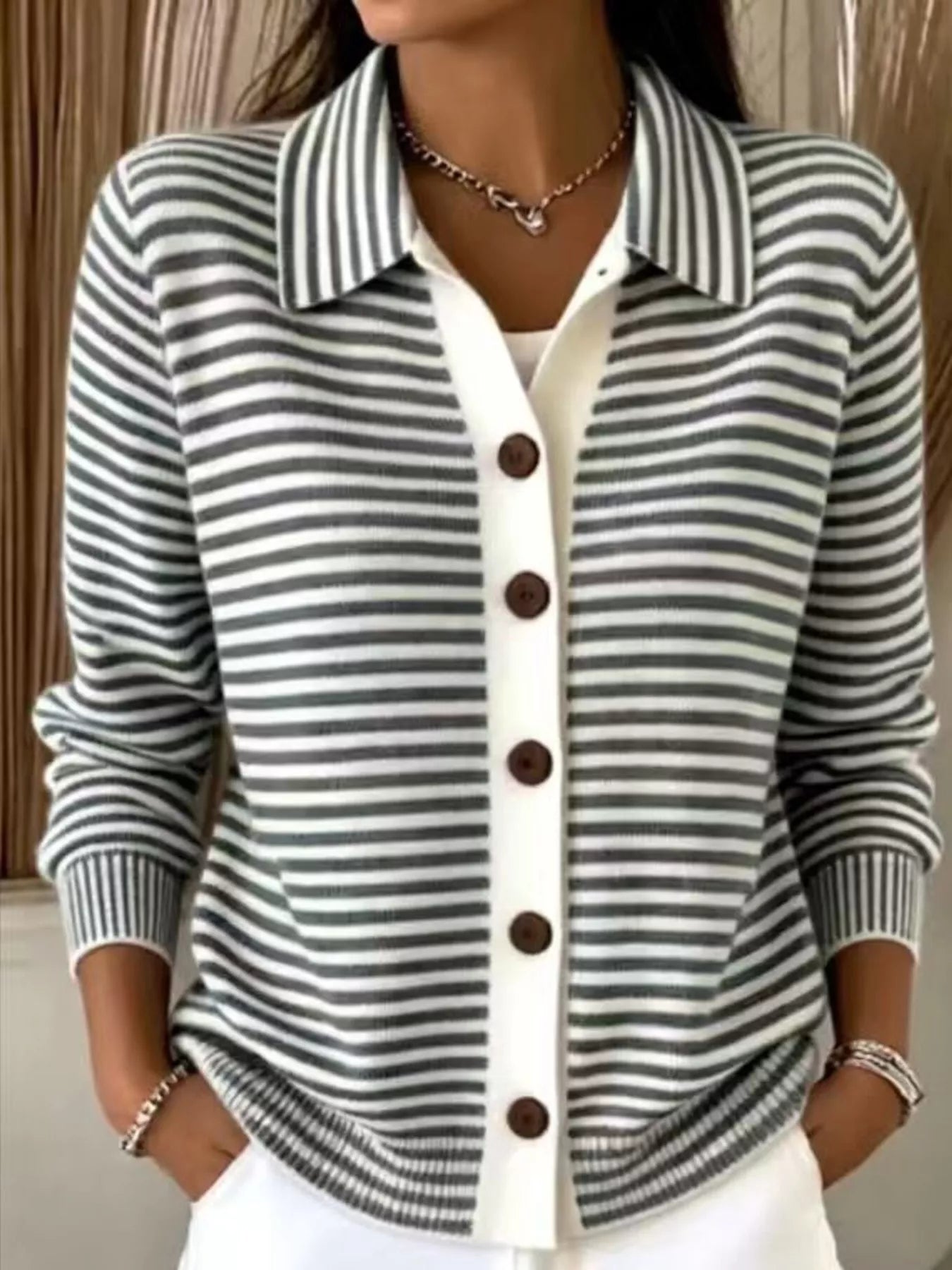 Trendsi Striped Collared Button-Down Knit Cardigan -