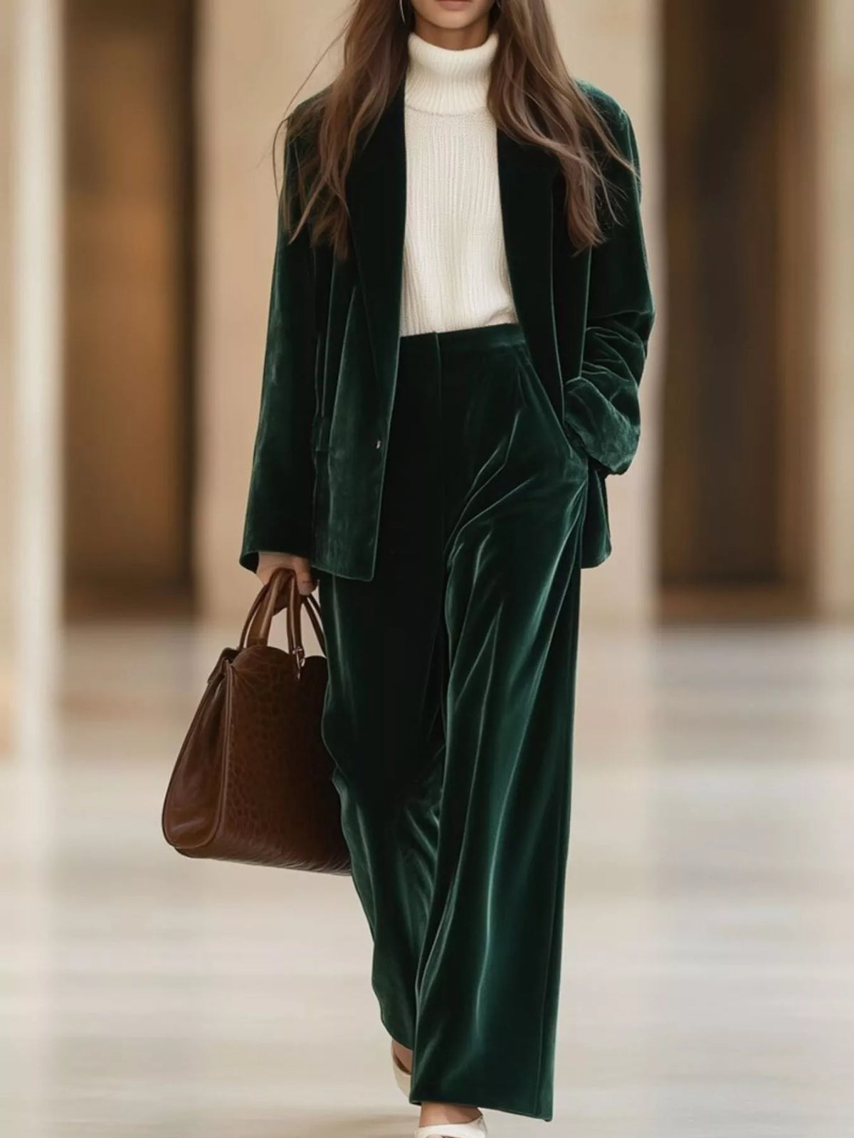 Green velvet blazer and wide-leg pants set, full front view
