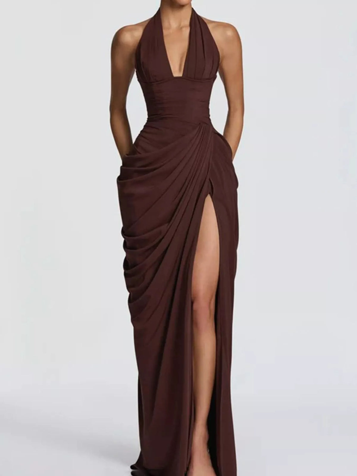 Brown halter neck high-slit maxi evening dress — front view