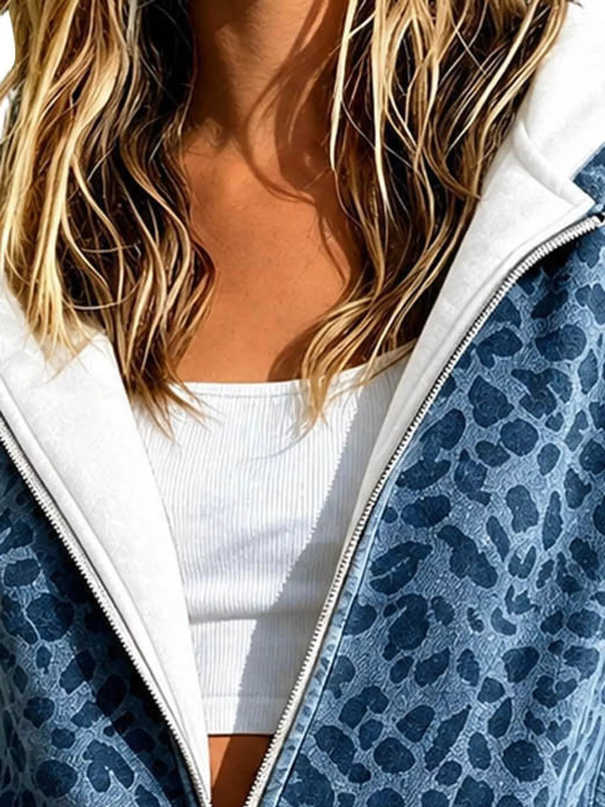 Women's Leopard Zip Up Hoodie in blue — neckline detail view