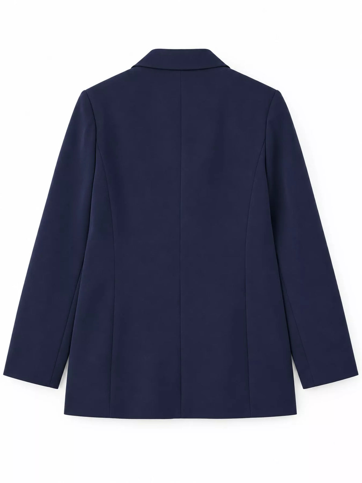 Navy double-breasted lapel collar blazer, back view