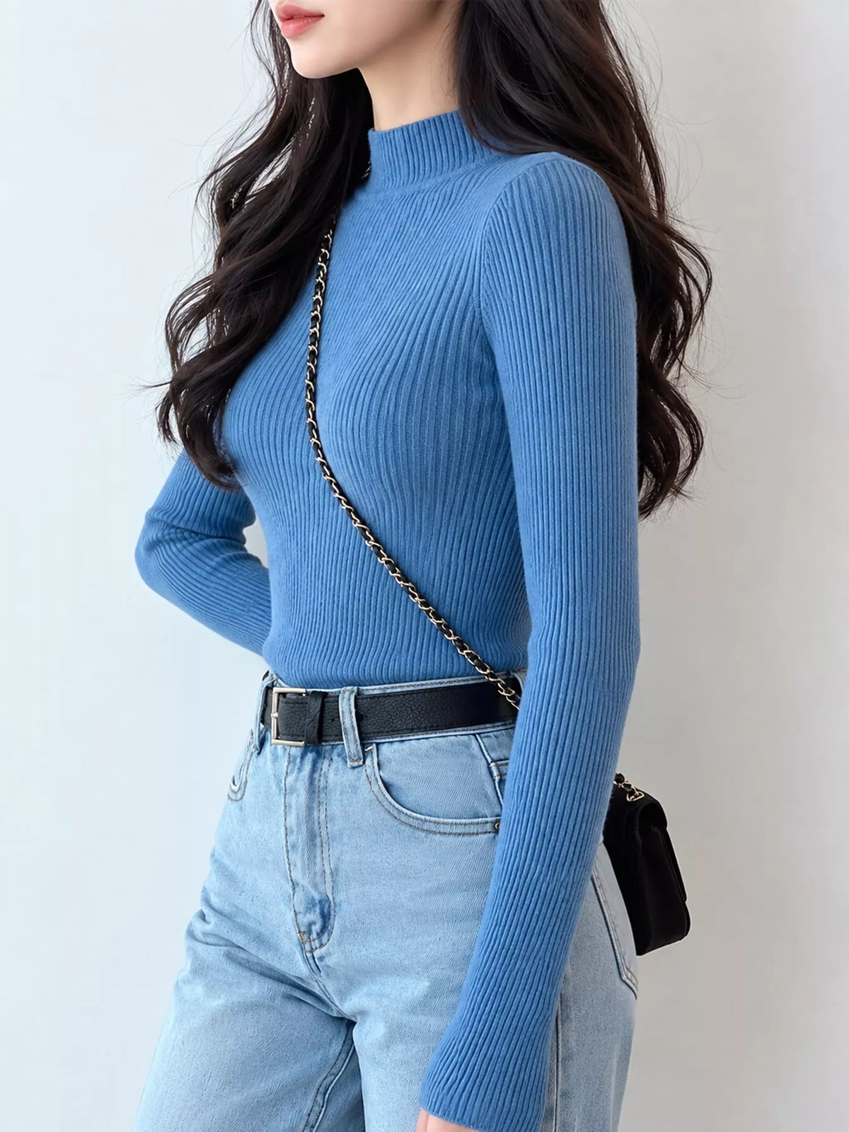 Blue ribbed mock neck long sleeve knit top