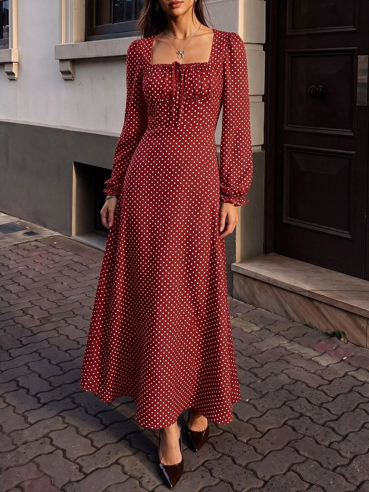 Trendsi Square Neck Polka Dot Long Sleeve Maxi Dress -