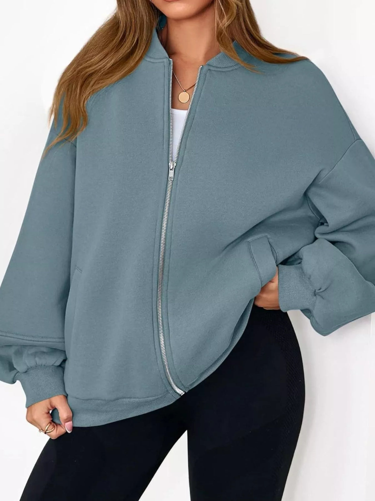 Blue-gray oversized zip-up jacket — front view