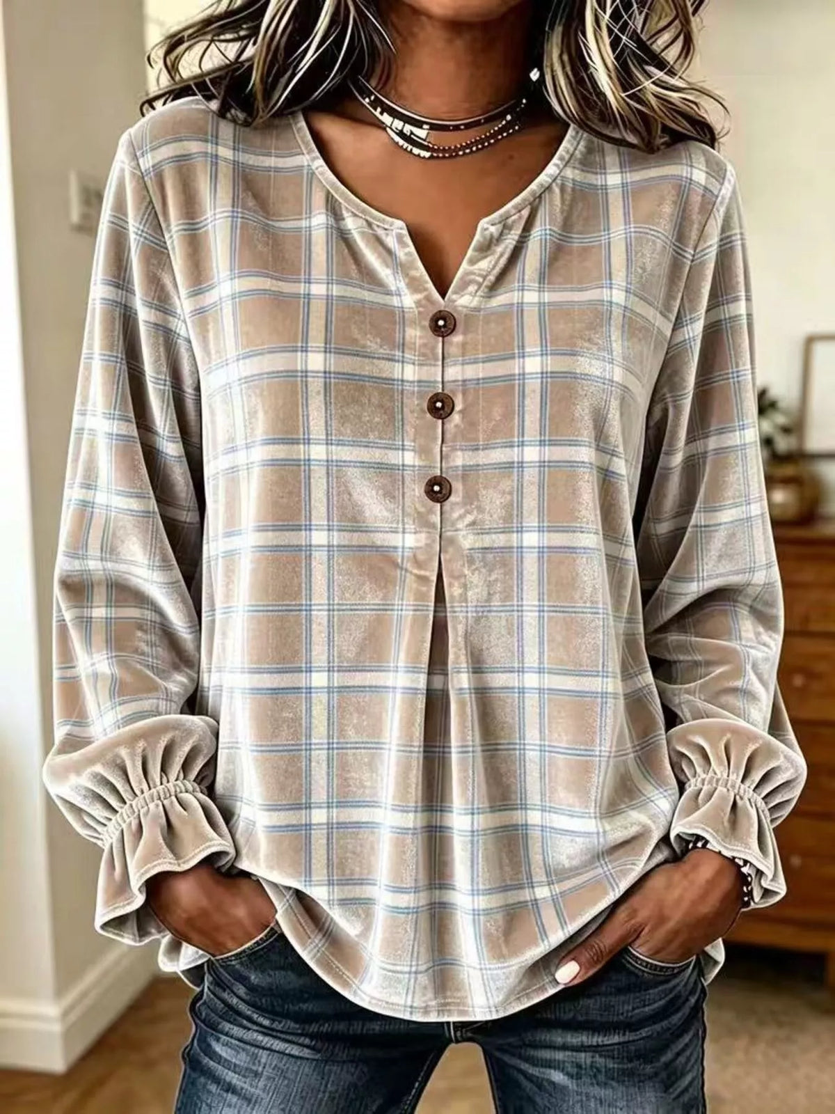 Beige plaid velvet balloon-sleeve blouse, front view