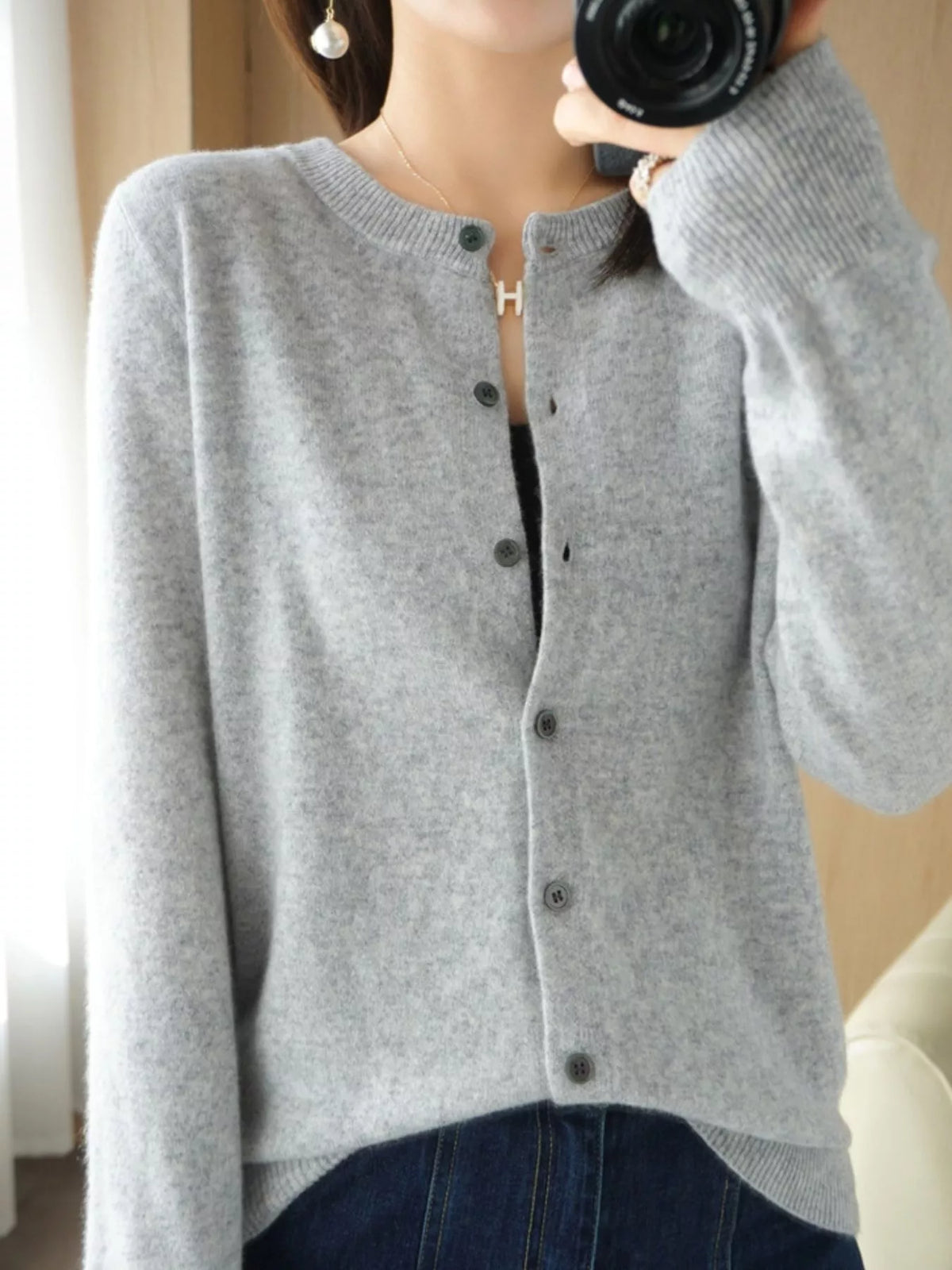 Gray crew neck button-front cardigan