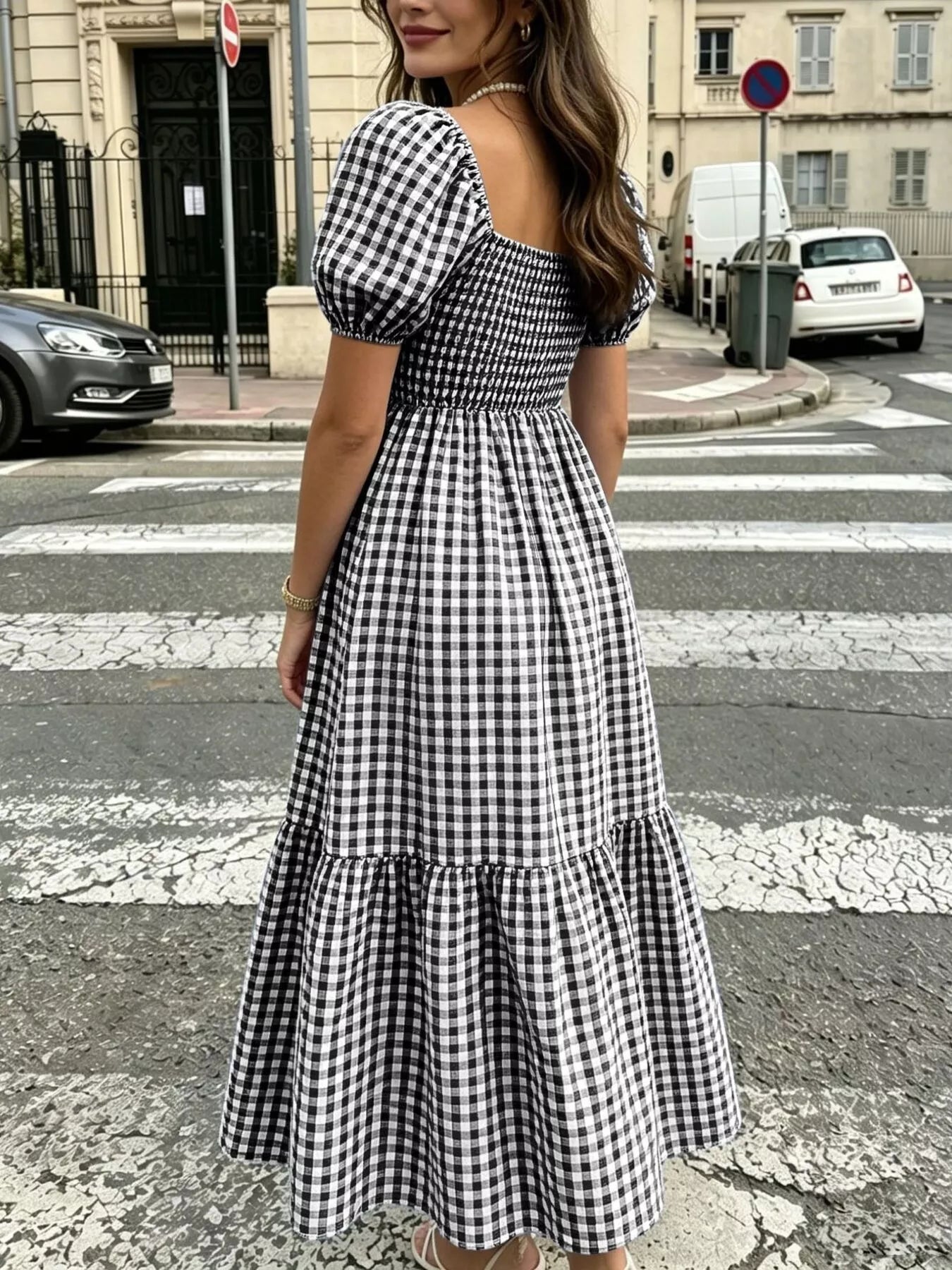 Trendsi Gingham Smocked Puff Sleeve Midi Dress -
