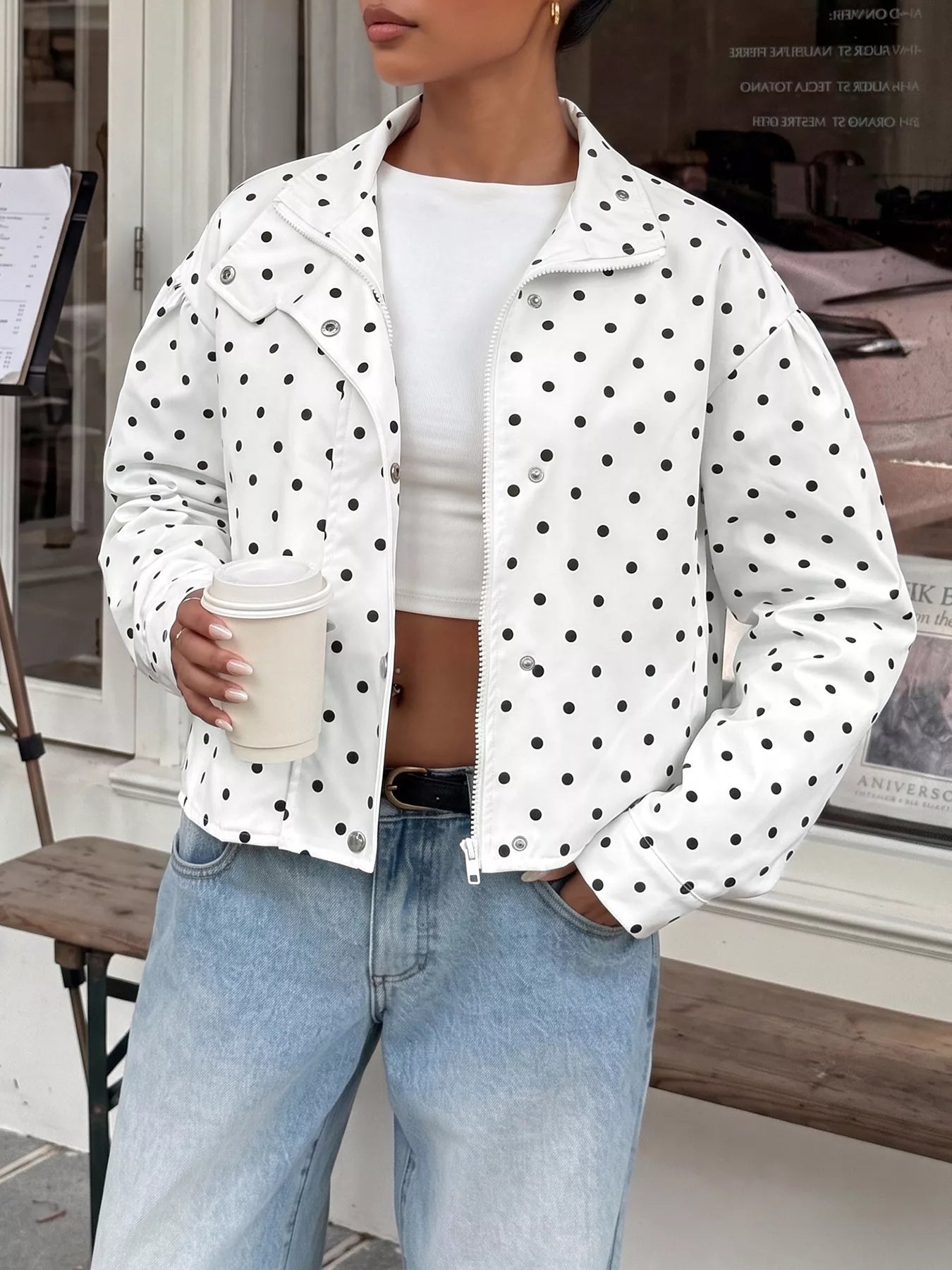 Trendsi Polka Dot Zip Up Cropped Jacket -