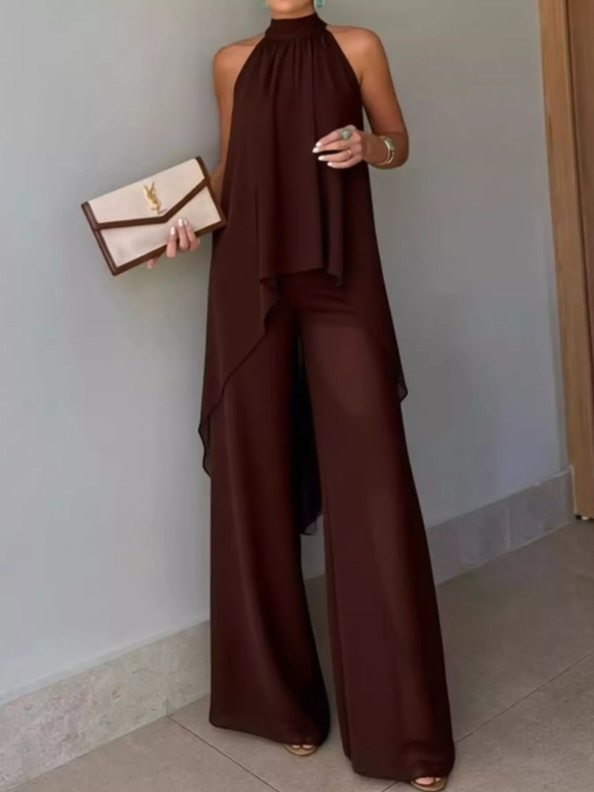 Brown High-Low Sleeveless Top & Wide-Leg Pants Set front view