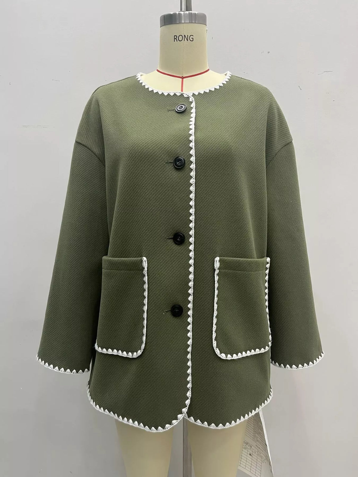 Olive green contrast trim button-front jacket
