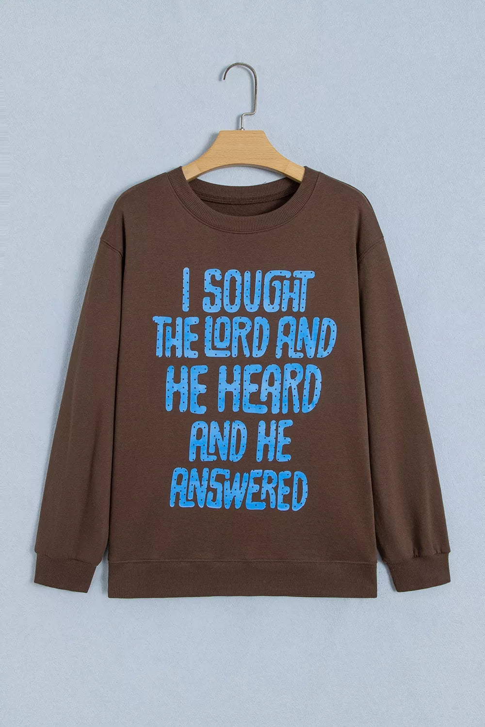 Brown slogan print sweatshirt, front on hanger