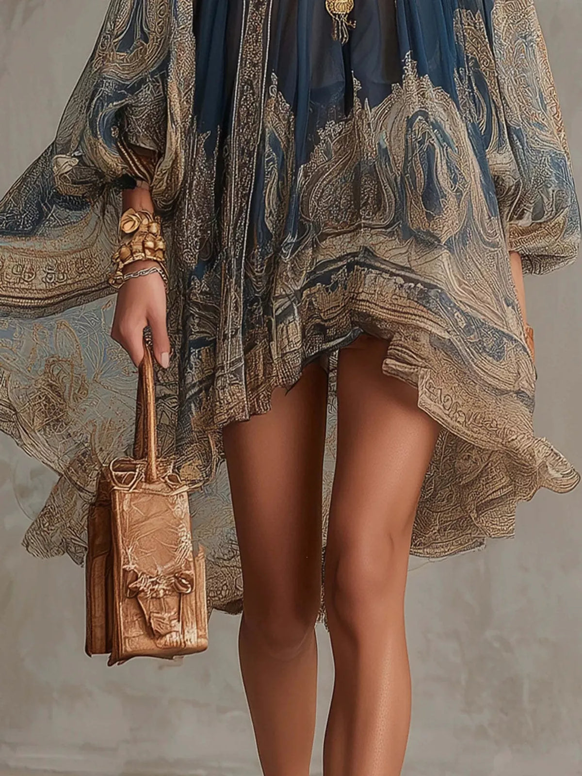Women's Paisley Print Chiffon High-Low Mini Dress in navy and tan — hem detail view