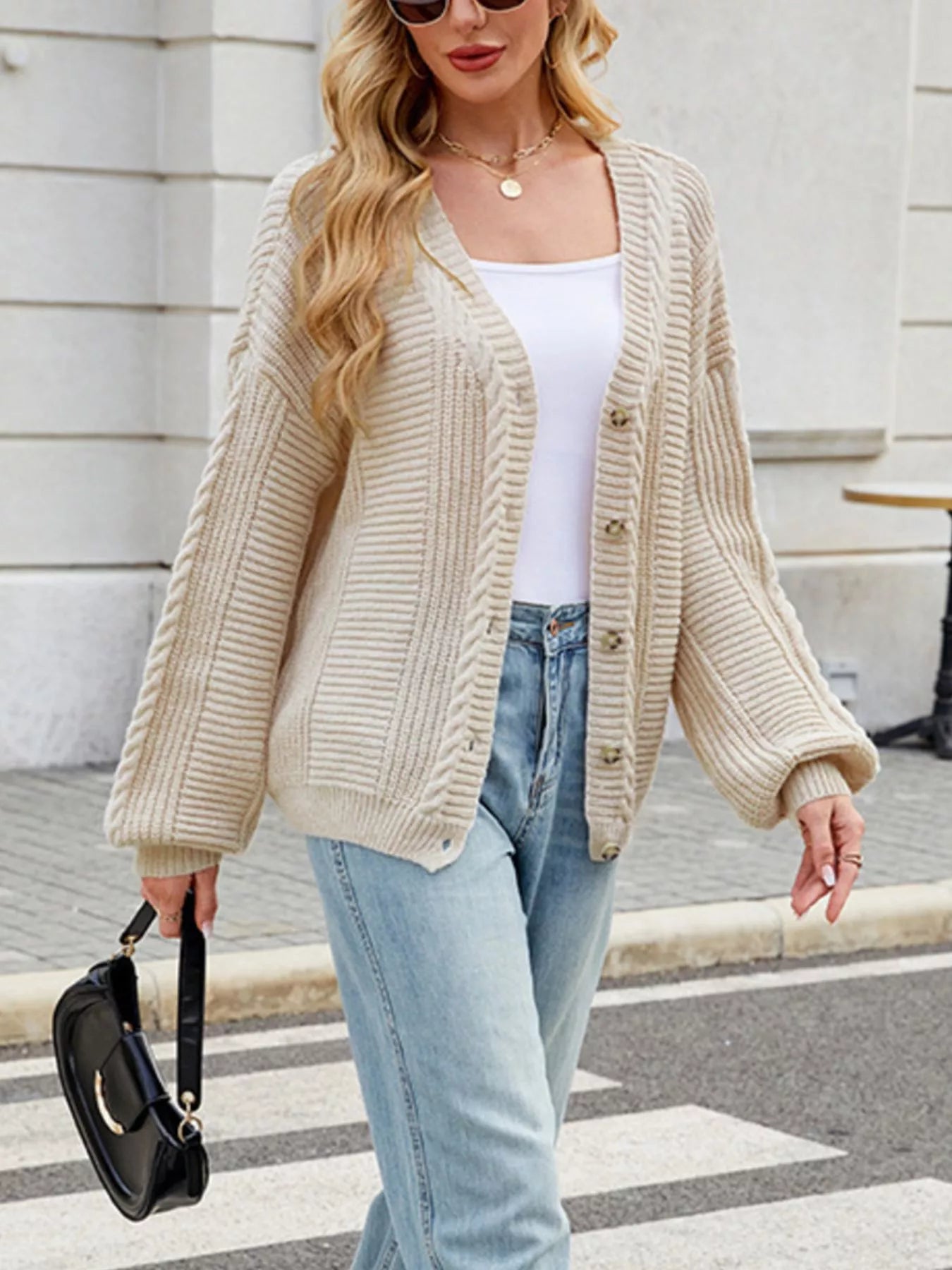 Trendsi Cable Knit Button-Up Cardigan -