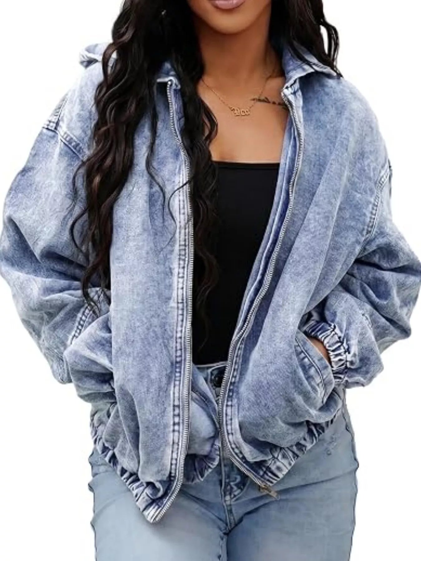 Trendsi Vintage Washed Zip Up Hooded Denim Jacket -