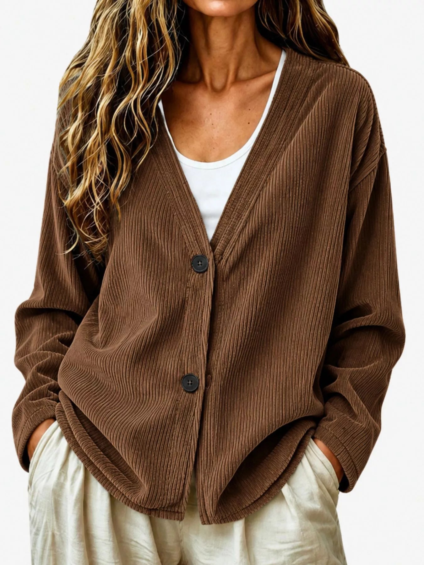 Trendsi Casual Corduroy Button-Up Cardigan -