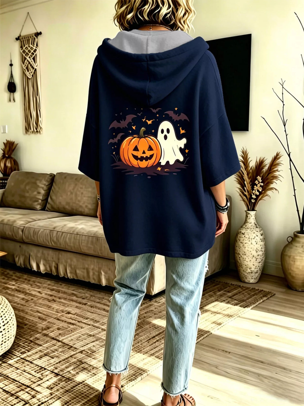 Navy Blue oversized halloween pumpkin ghost hoodie, back view